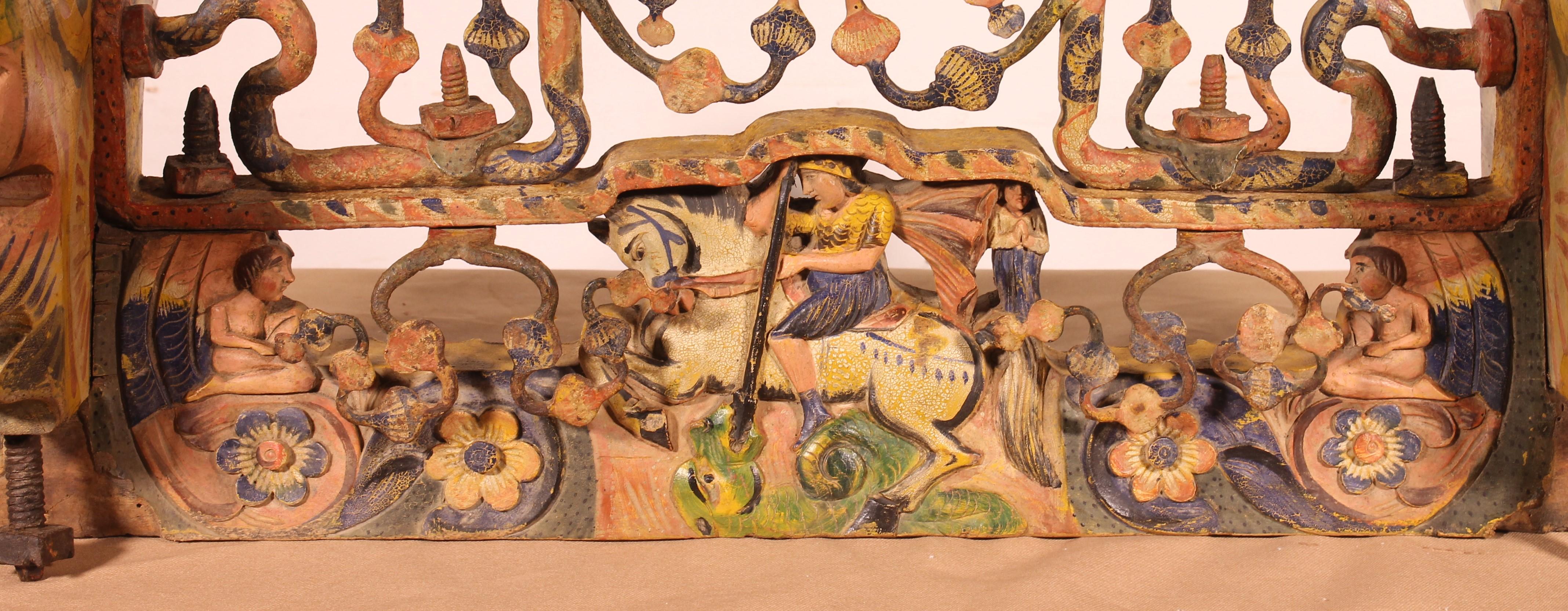 Italian Sicilian Cart Axle Representing St George Polychrome Wood And Wrought Iron - 19t