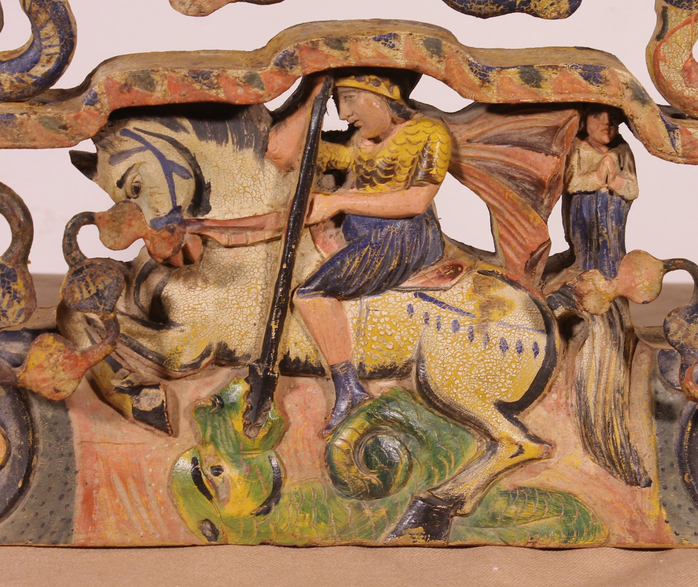 19th Century Sicilian Cart Axle Representing St George Polychrome Wood And Wrought Iron - 19t