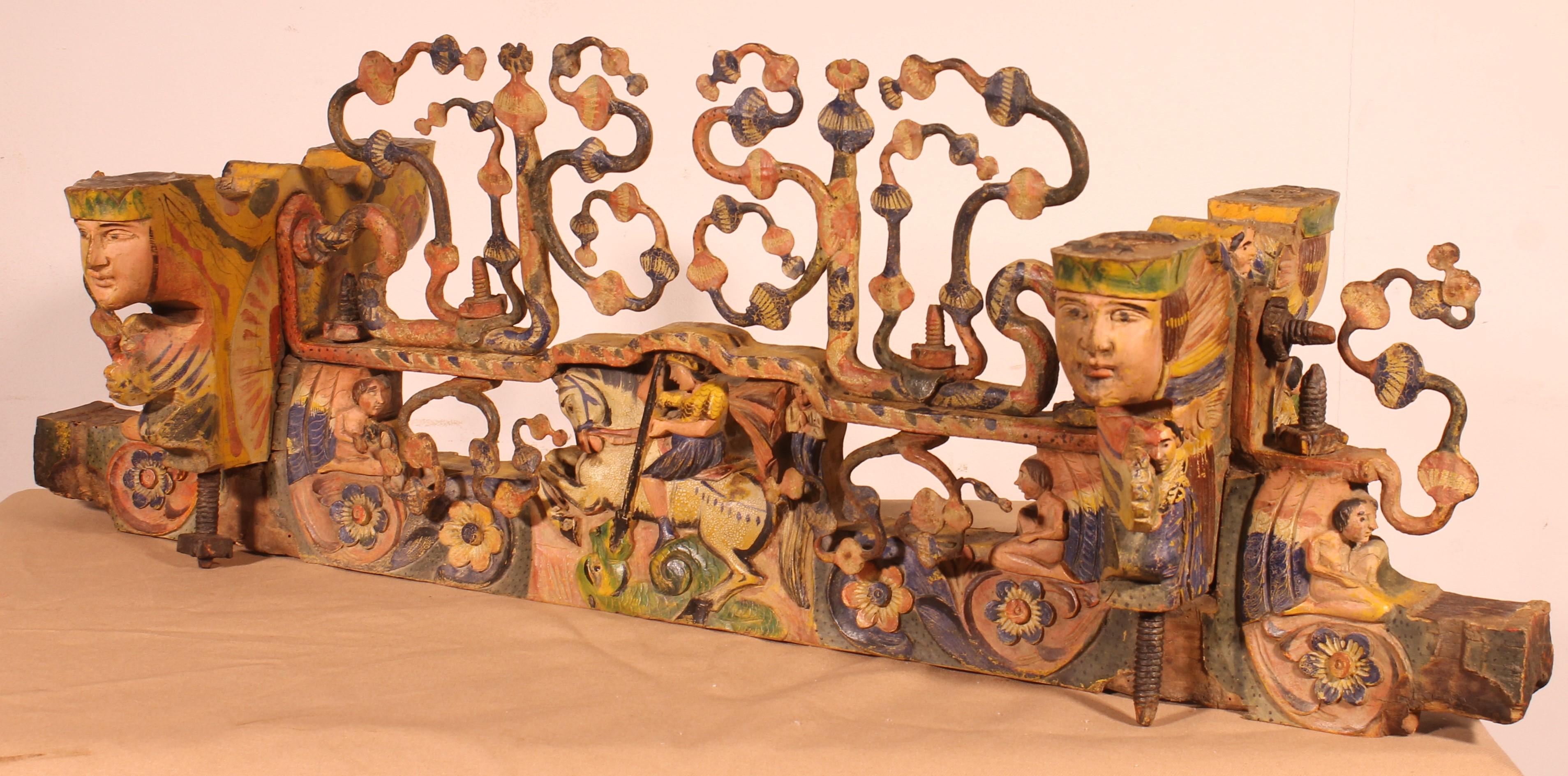 Sicilian Cart Axle Representing St George Polychrome Wood And Wrought Iron - 19t 2