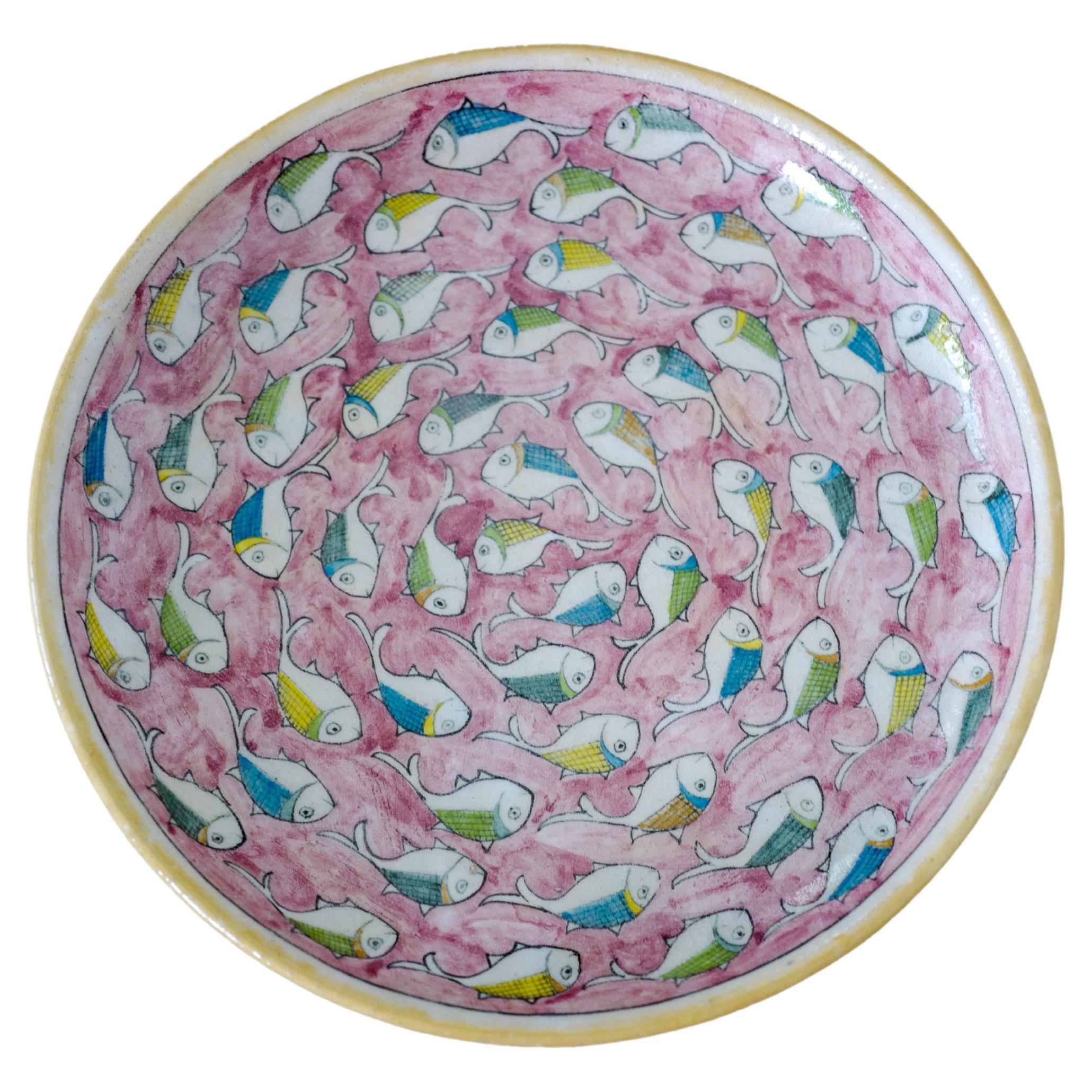 Sicilian crackle ceramic hand painted pink fish design serving platter