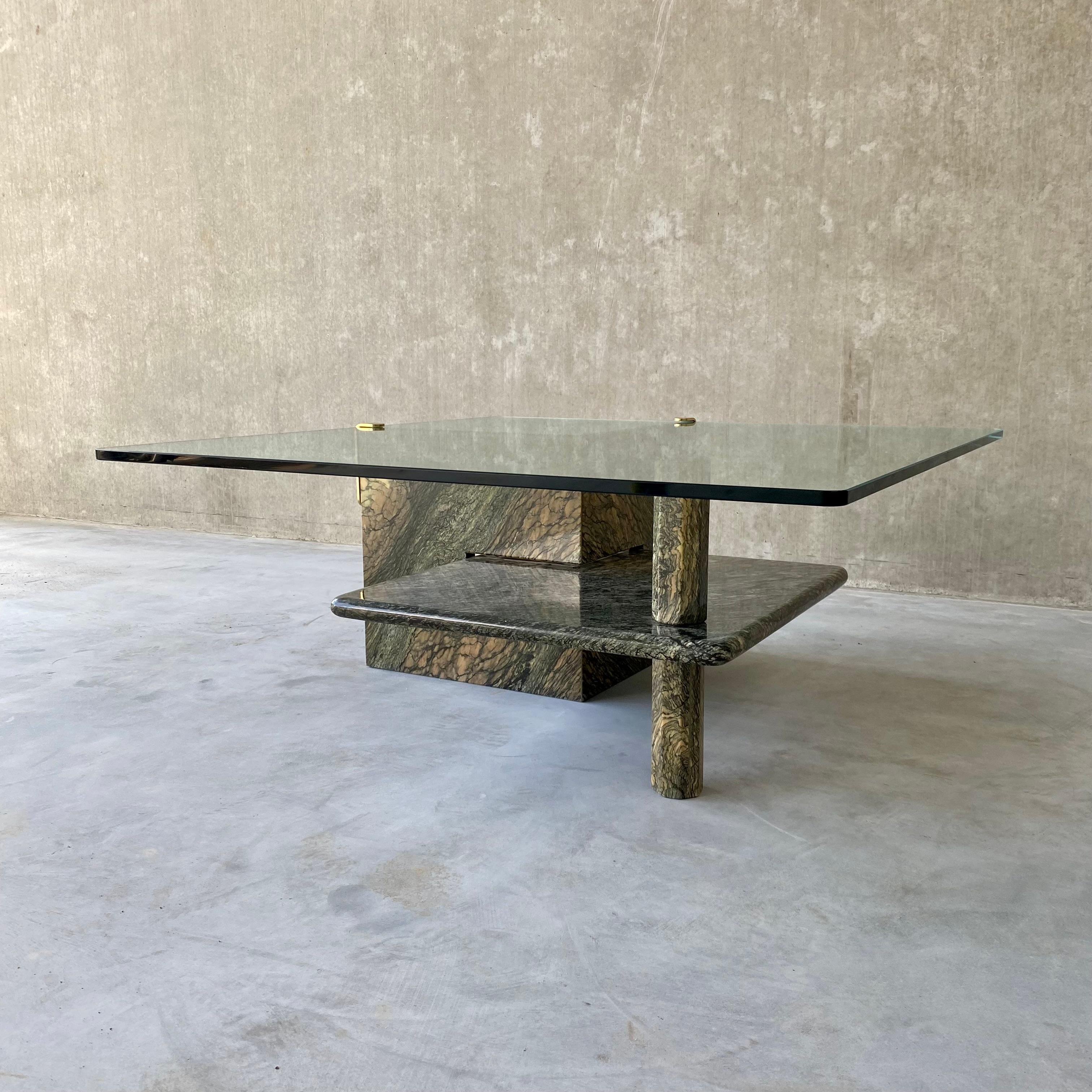 Sicilian Green Marble Coffee Table Glass Top Brass Italy 1980 For Sale 5