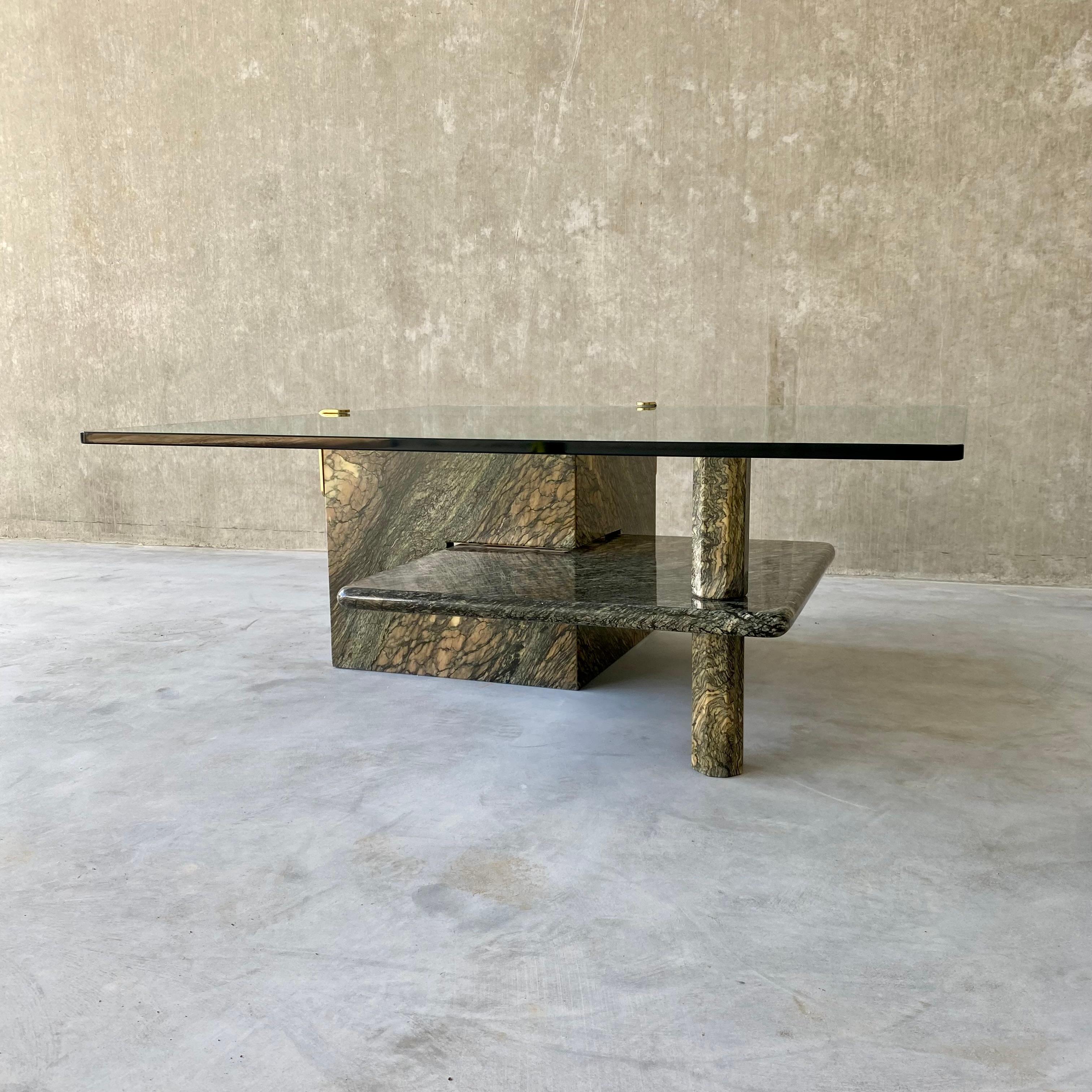 Sicilian Green Marble Coffee Table Glass Top Brass Italy 1980 For Sale 6