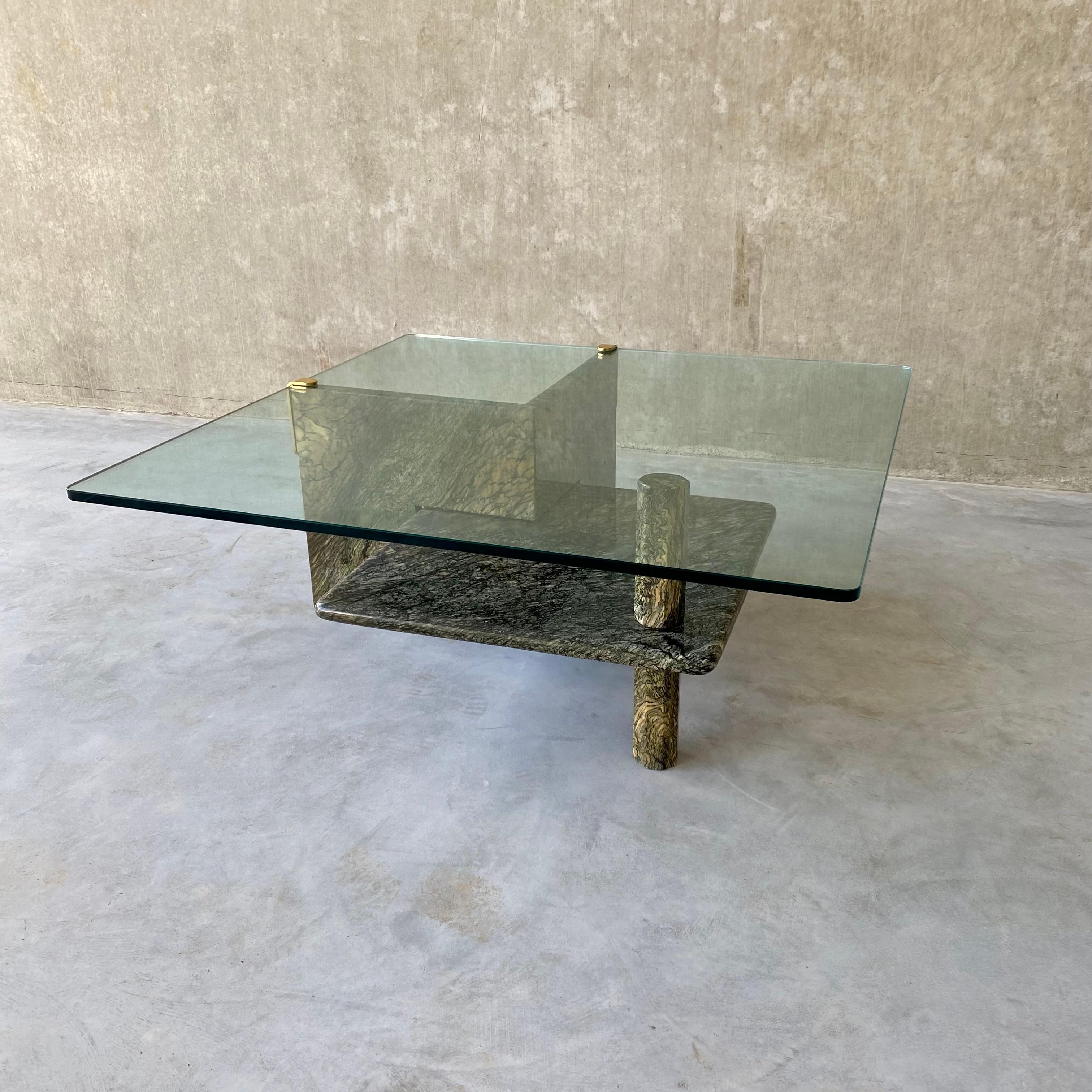 Sicilian Green Marble Coffee Table Glass Top Brass Italy 1980 For Sale 7