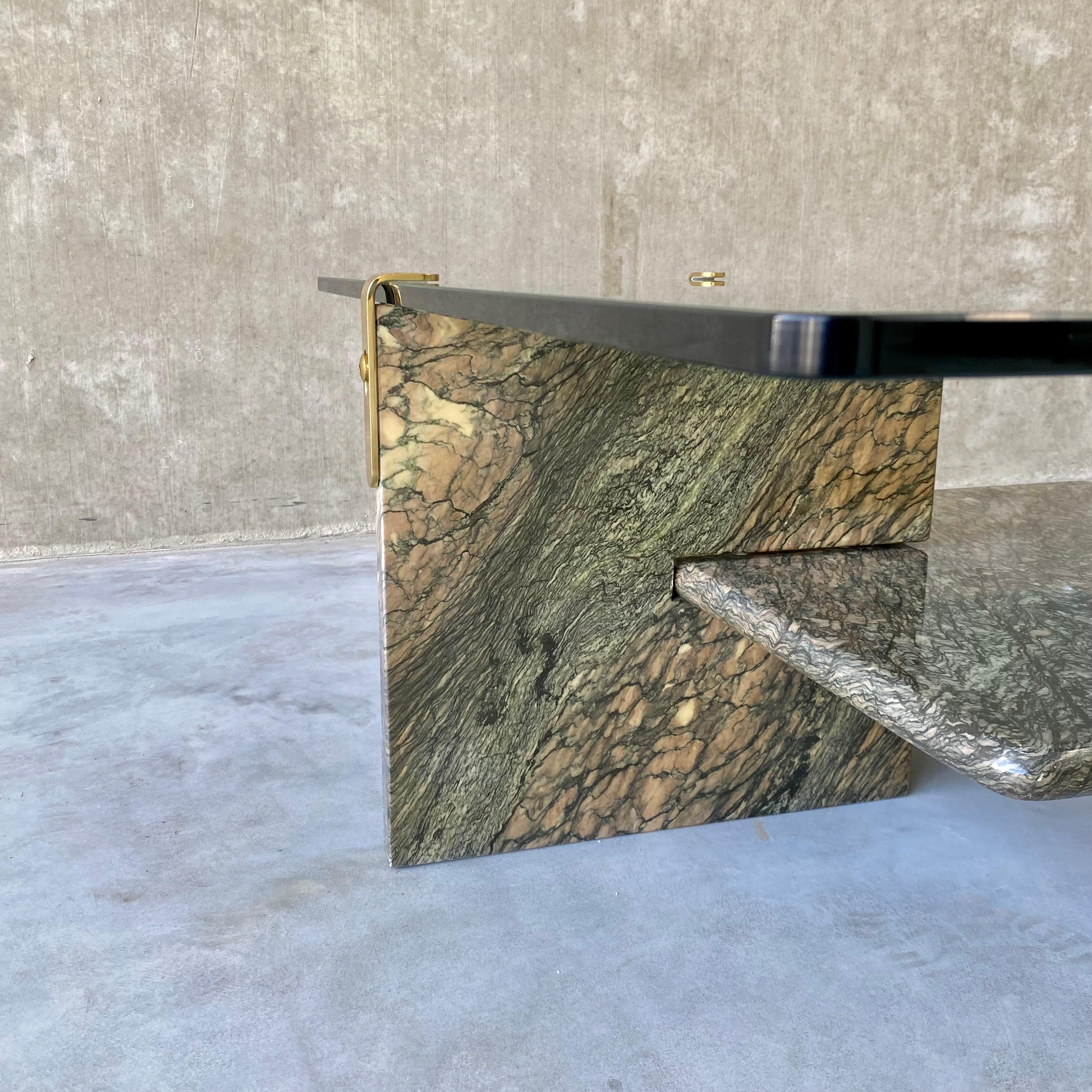 Sicilian Green Marble Coffee Table Glass Top Brass Italy 1980 For Sale 10