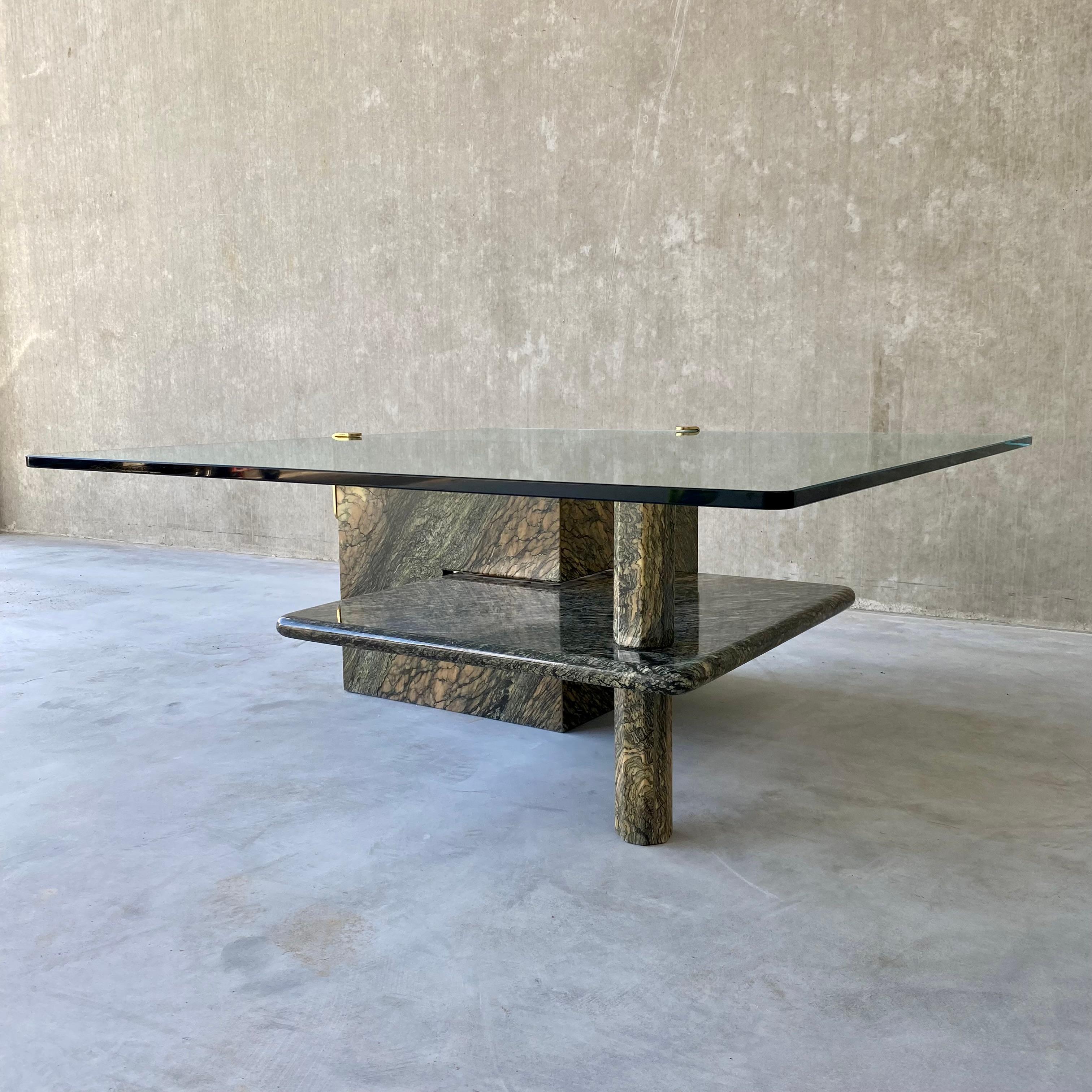 Sicilian Green Marble Coffee Table Glass Top Brass Italy 1980 For Sale 12