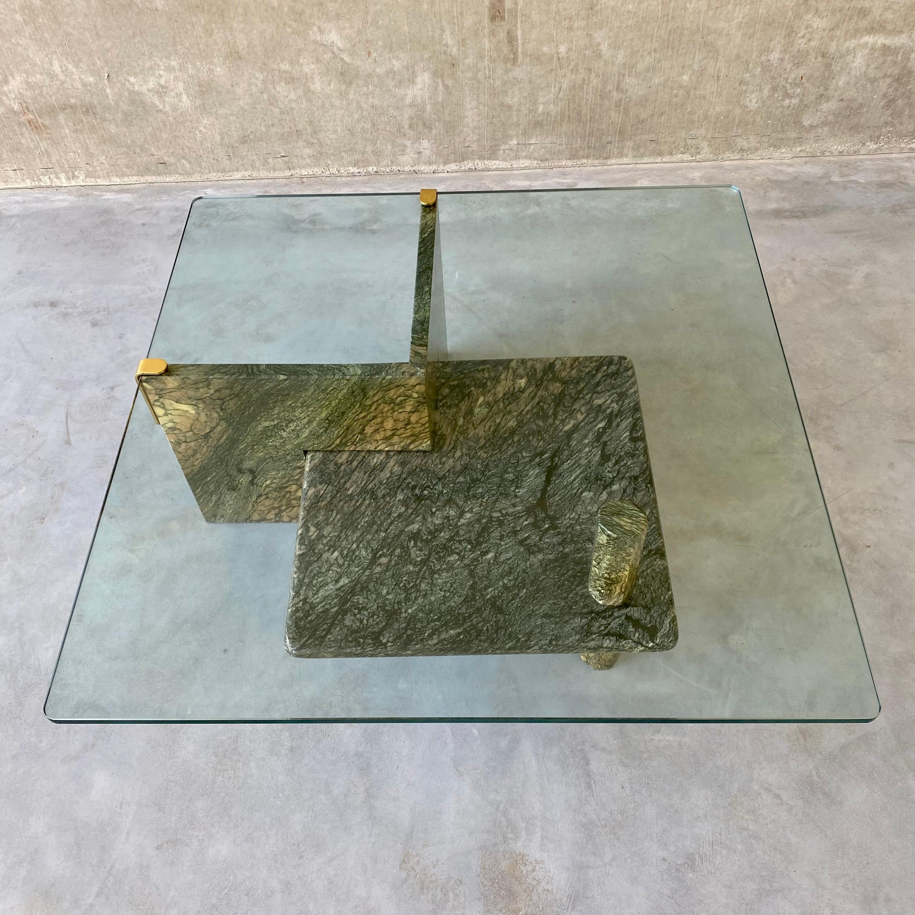 Sicilian Green Marble Coffee Table Glass Top Brass Italy 1980 For Sale 13