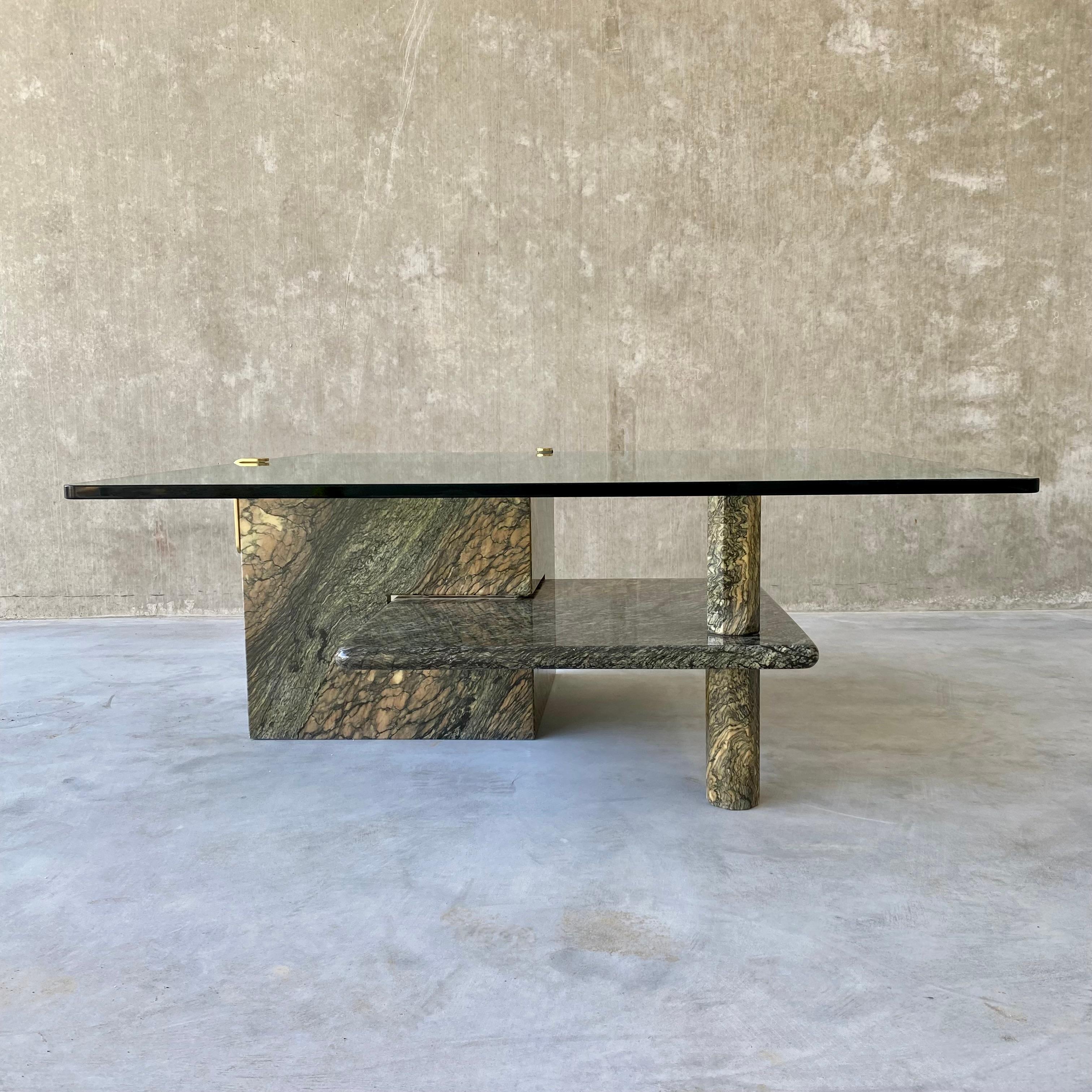Mid-Century Modern Sicilian Green Marble Coffee Table Glass Top Brass Italy 1980 For Sale