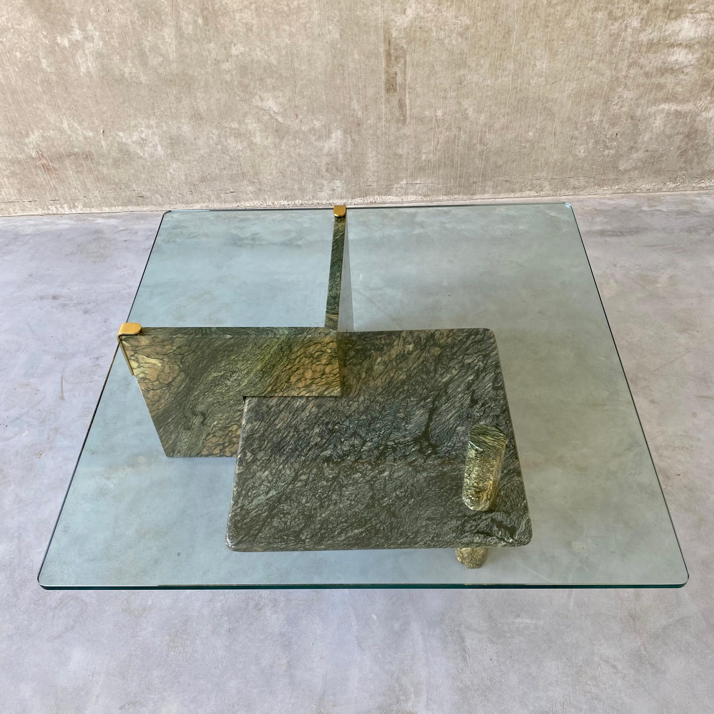 Mid-Century Modern Sicilian Green Marble Coffee Table Glass Top Brass Italy 1980 For Sale