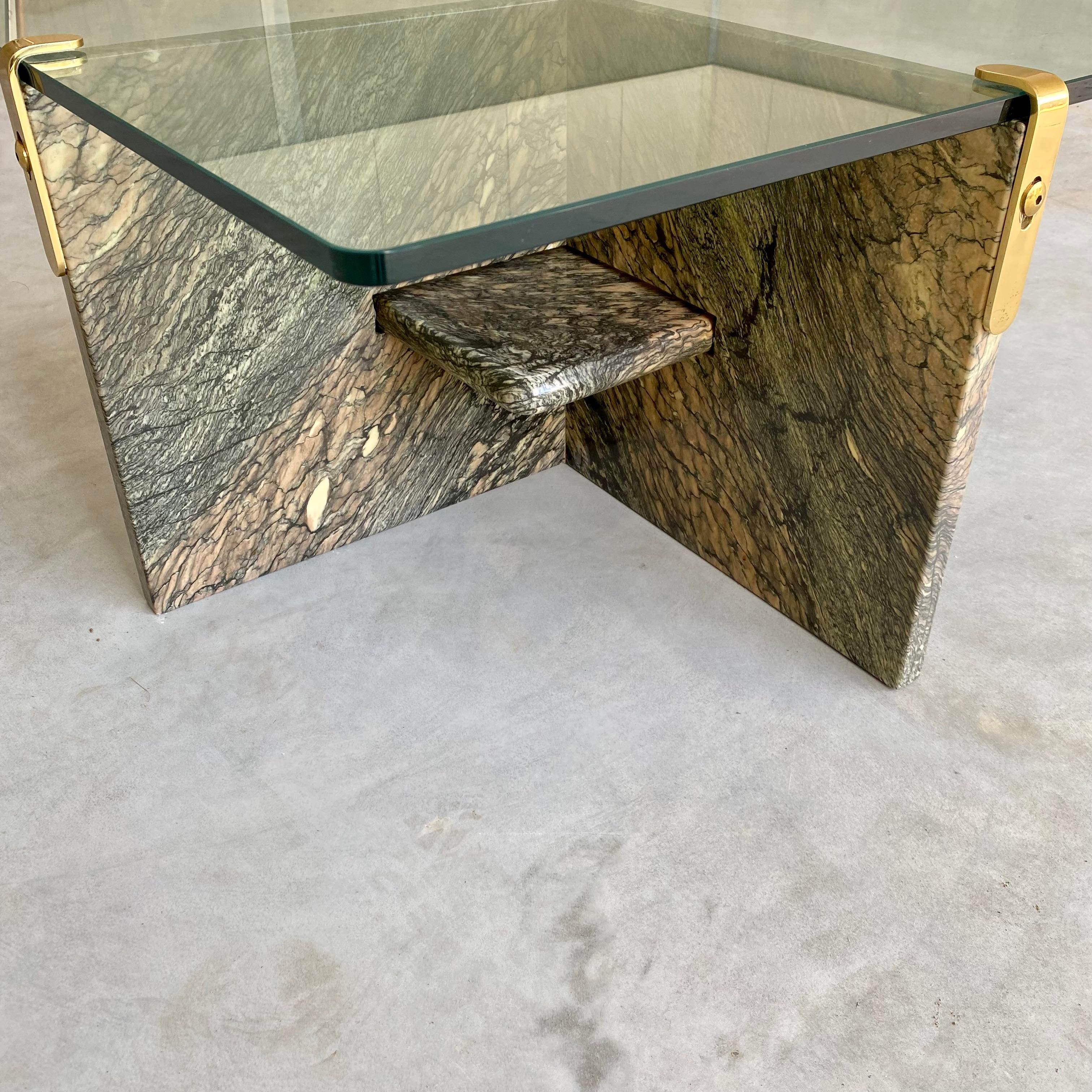 Sicilian Green Marble Coffee Table Glass Top Brass Italy 1980 For Sale 2