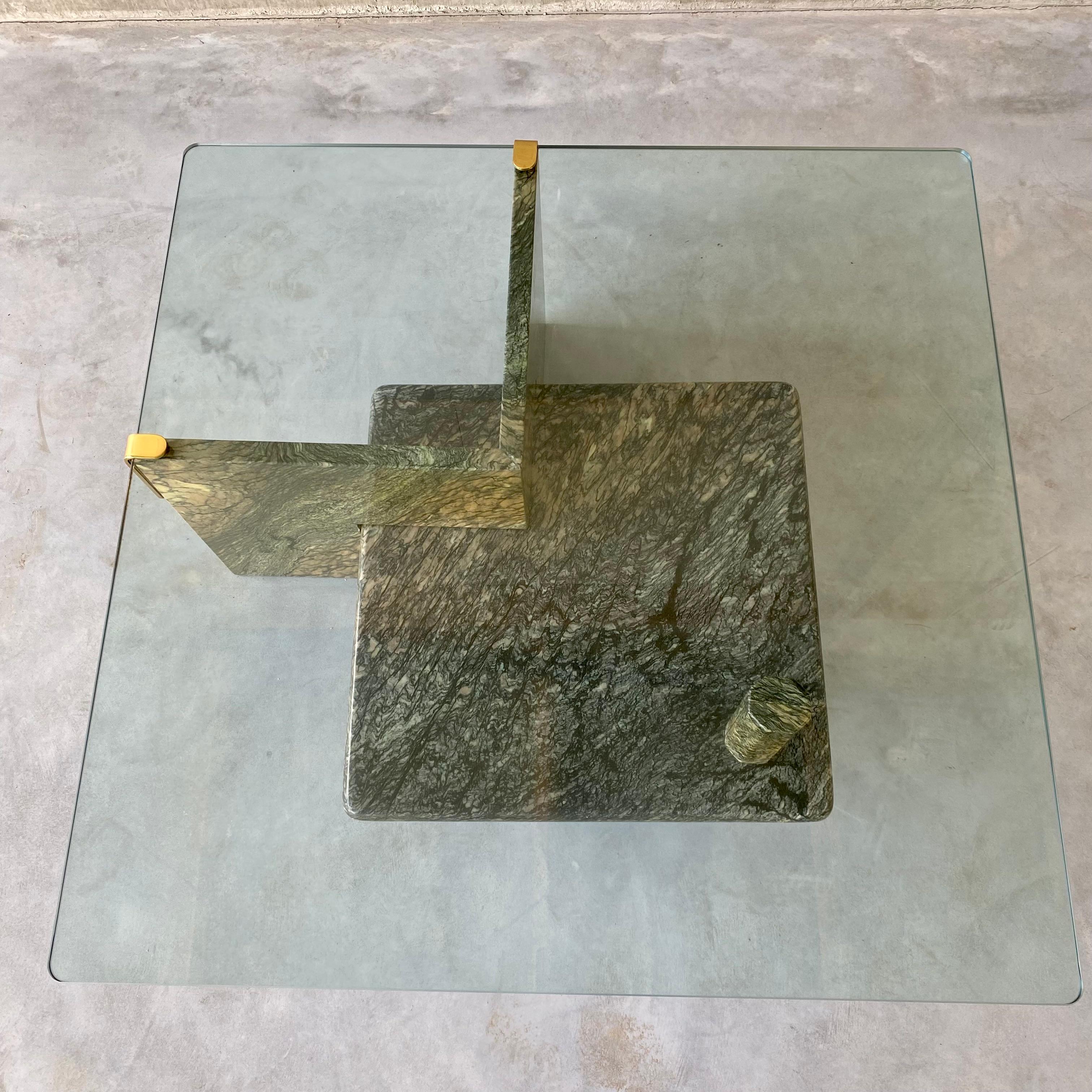 Sicilian Green Marble Coffee Table Glass Top Brass Italy 1980 For Sale 3