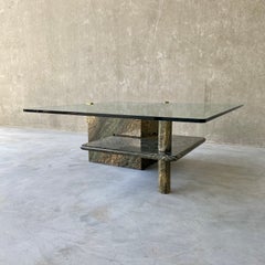 Sicilian Green Marble Coffee Table Glass Top Brass Italy 1980
