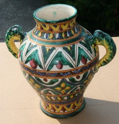 Sicilian Majolica Urn, Hand Painted Terracotta, Antique, 1950s, Italy