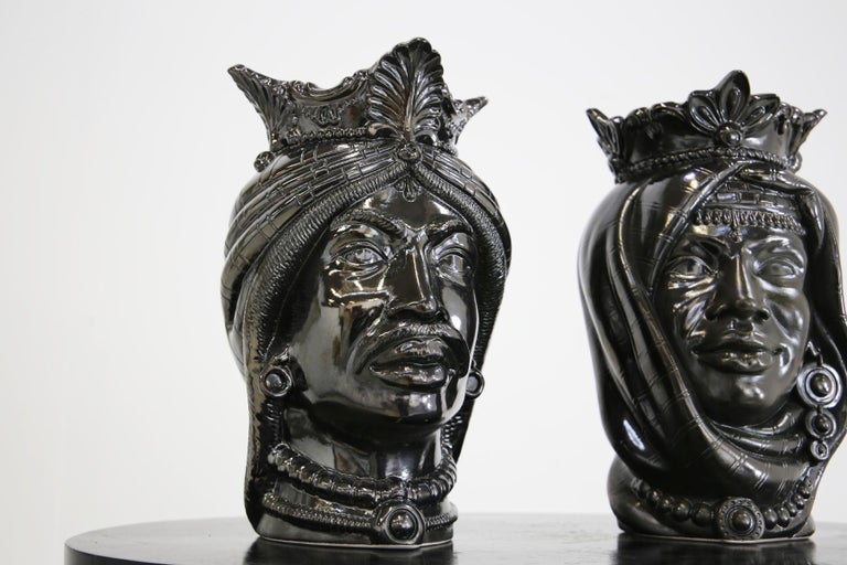 Sicilian Moorish Heads Pair in Polished Lava Stone, Limited Edition For