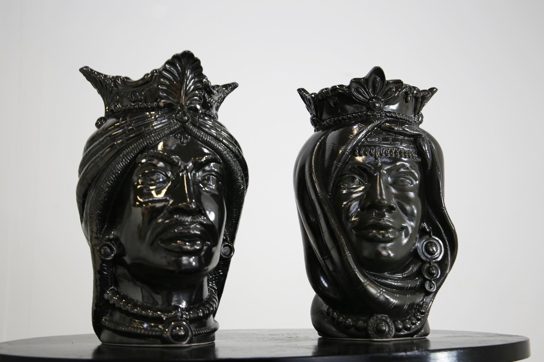 Mid-Century Modern Sicilian Moorish Heads Pair in Polished Lava Stone, Limited Edition For Sale