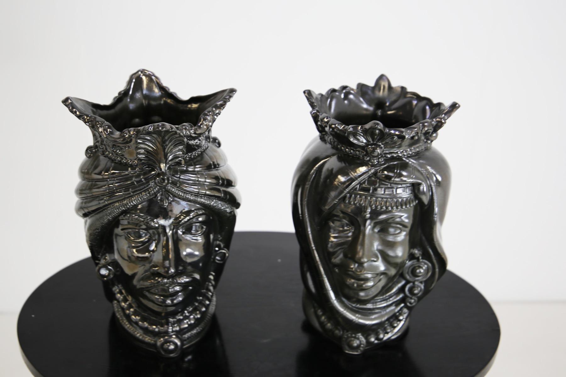 Sicilian Moorish Heads Pair in Polished Lava Stone, Limited Edition In Excellent Condition For Sale In Milano, IT