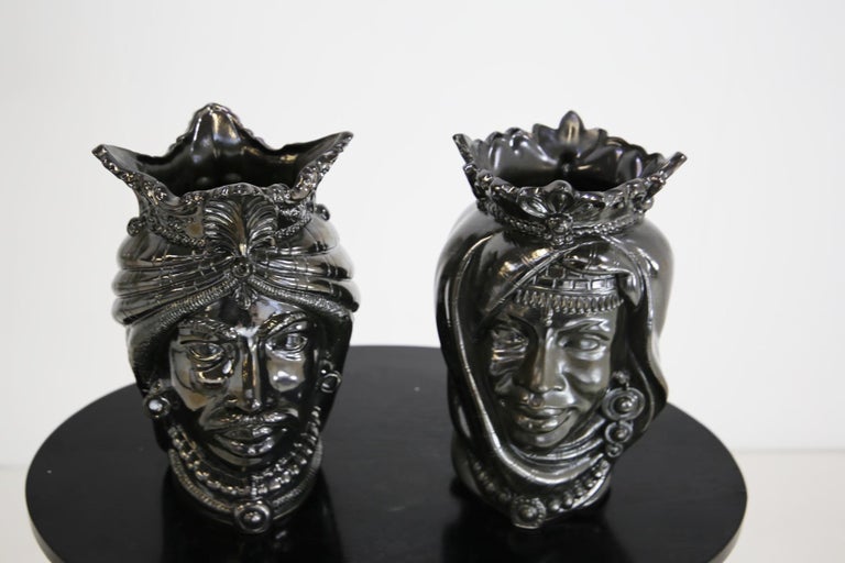 Sicilian Moorish Heads Pair in Polished Lava Stone, Limited Edition For
