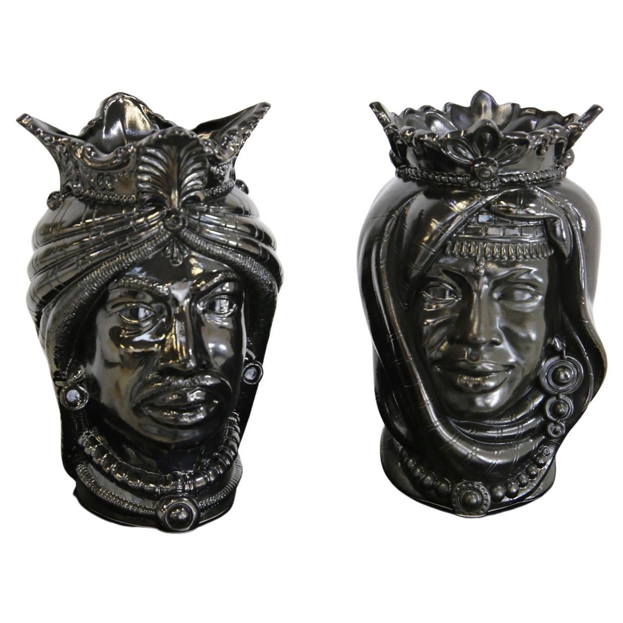 Sicilian Moorish Heads Pair in Polished Lava Stone, Limited Edition For Sale