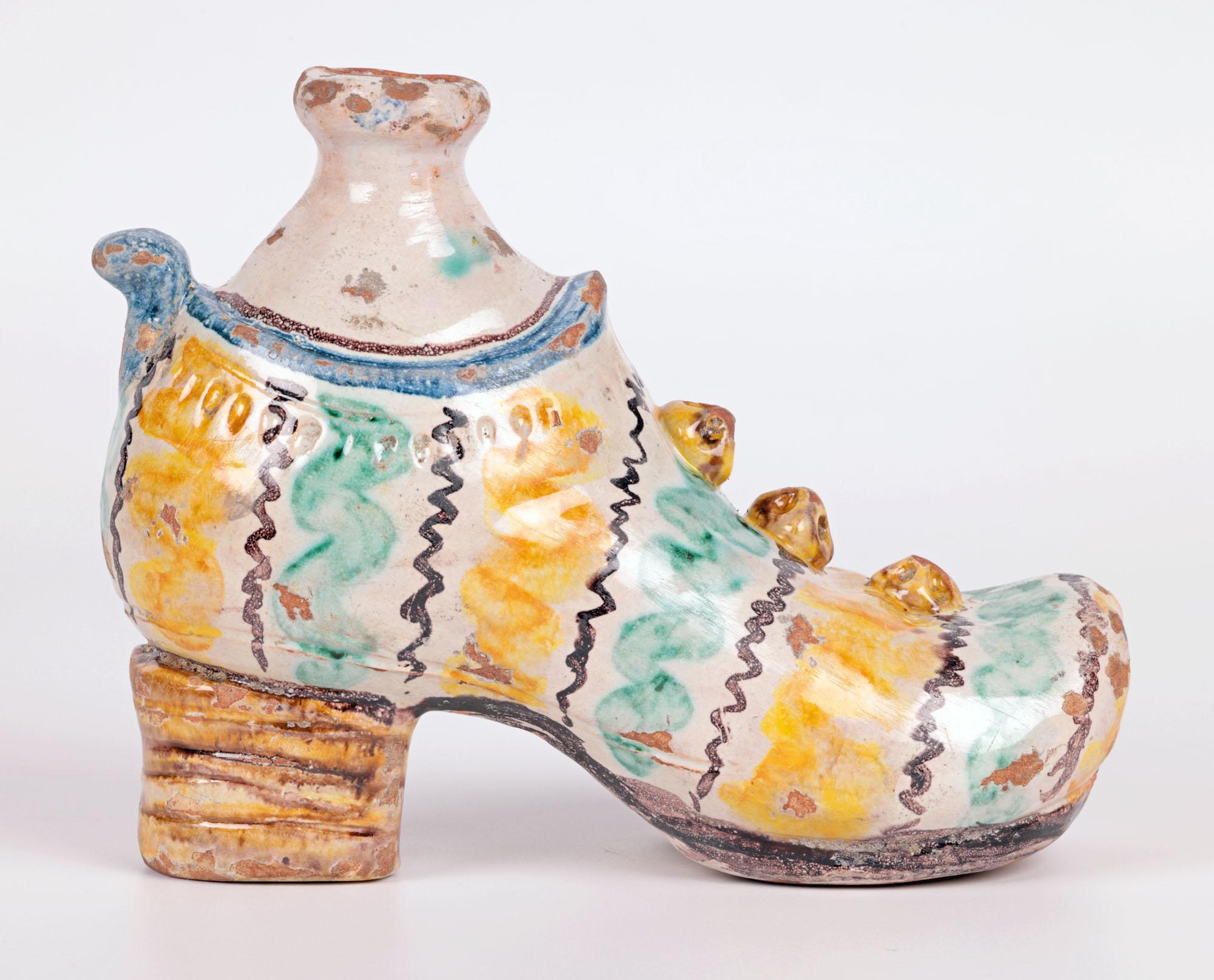 Sicilian South Italian Maiolica Pottery Shoe Shaped Flask For Sale 2