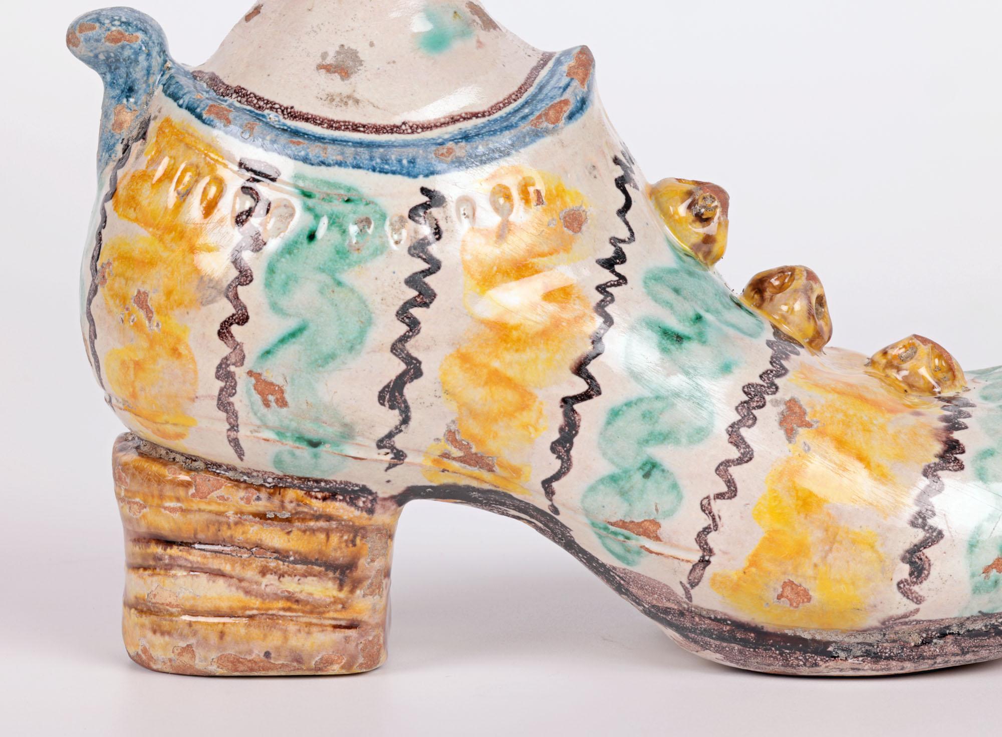 Sicilian South Italian Maiolica Pottery Shoe Shaped Flask For Sale 5