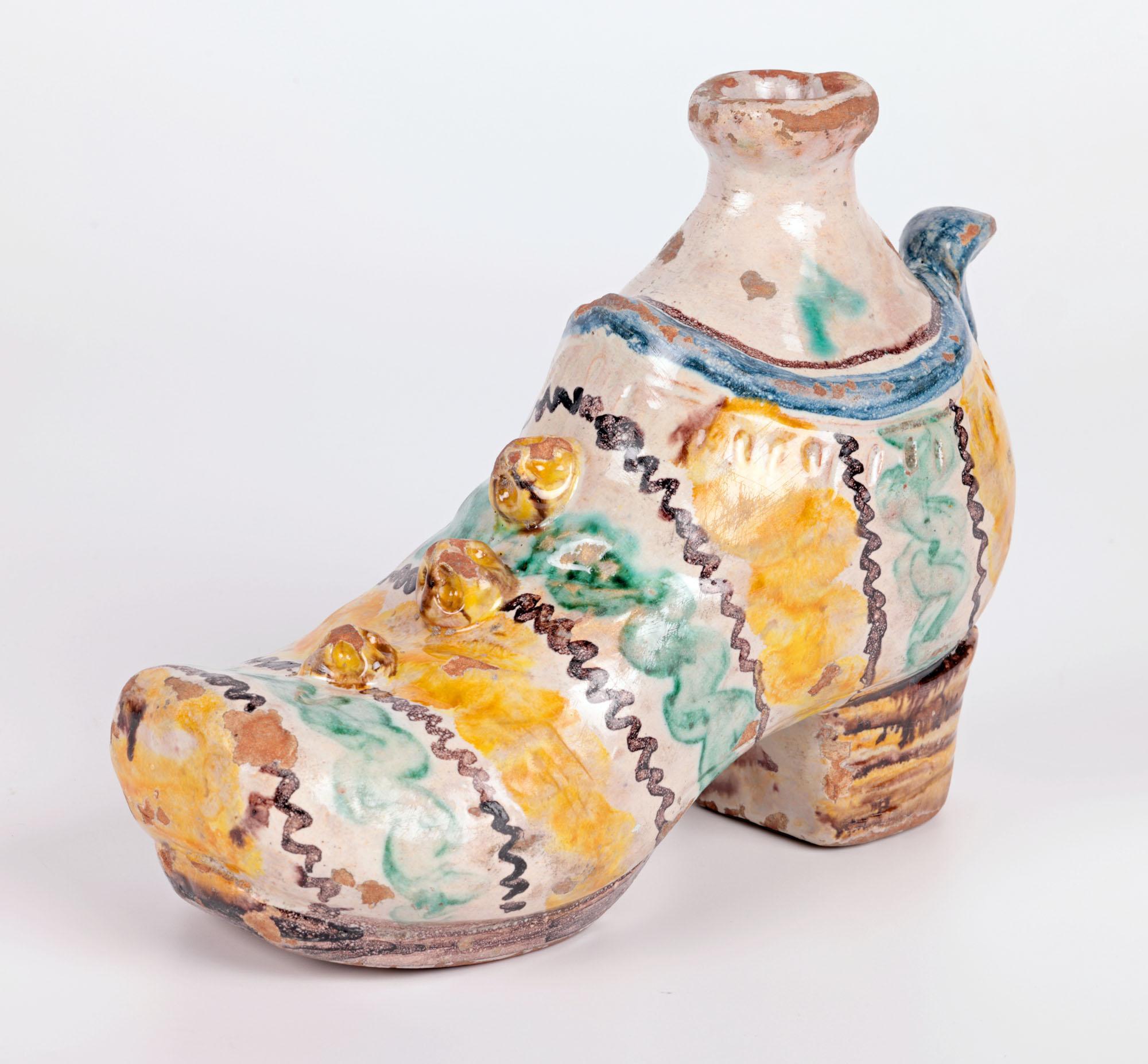 Hand-Crafted Sicilian South Italian Maiolica Pottery Shoe Shaped Flask For Sale