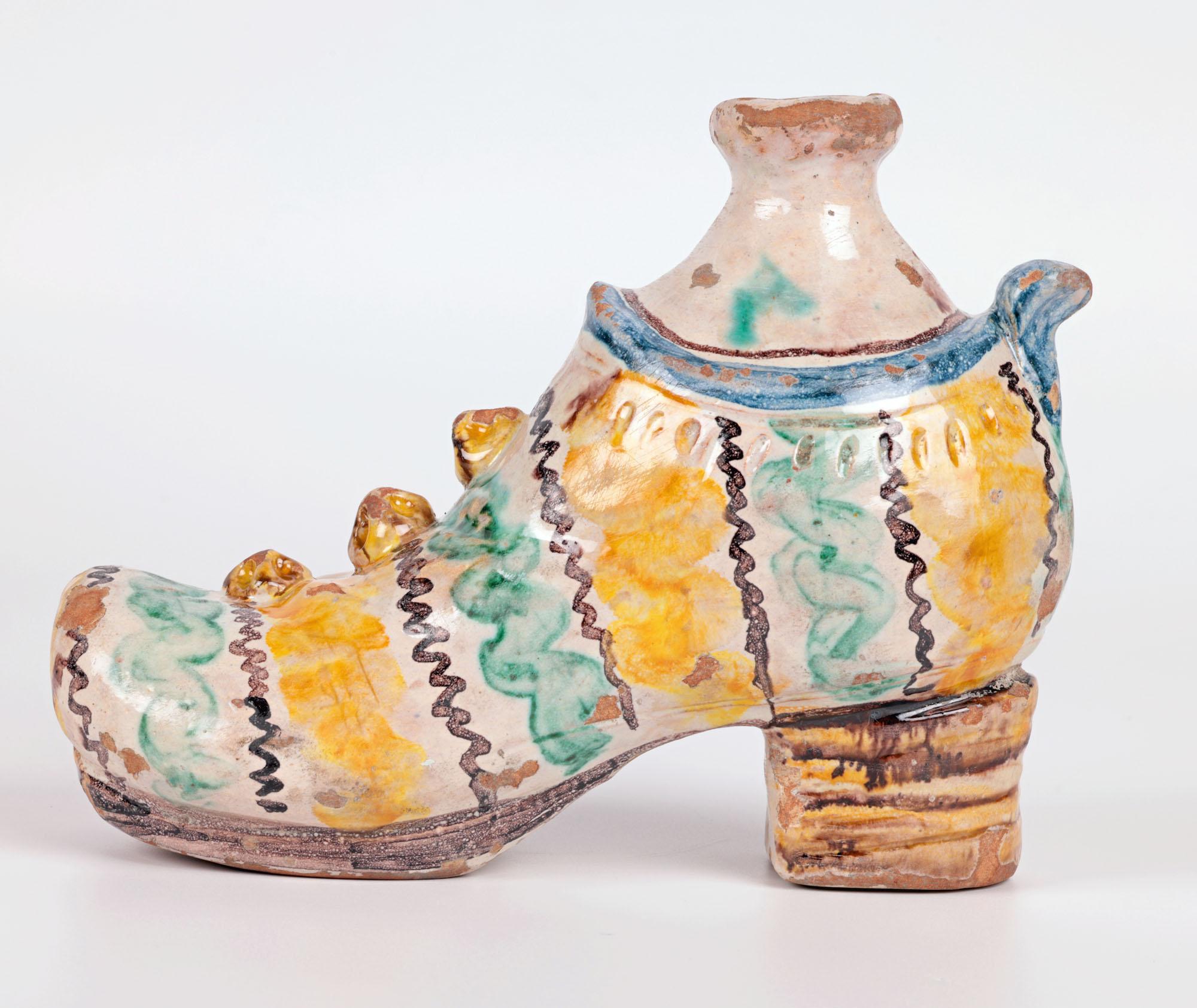 Earthenware Sicilian South Italian Maiolica Pottery Shoe Shaped Flask For Sale