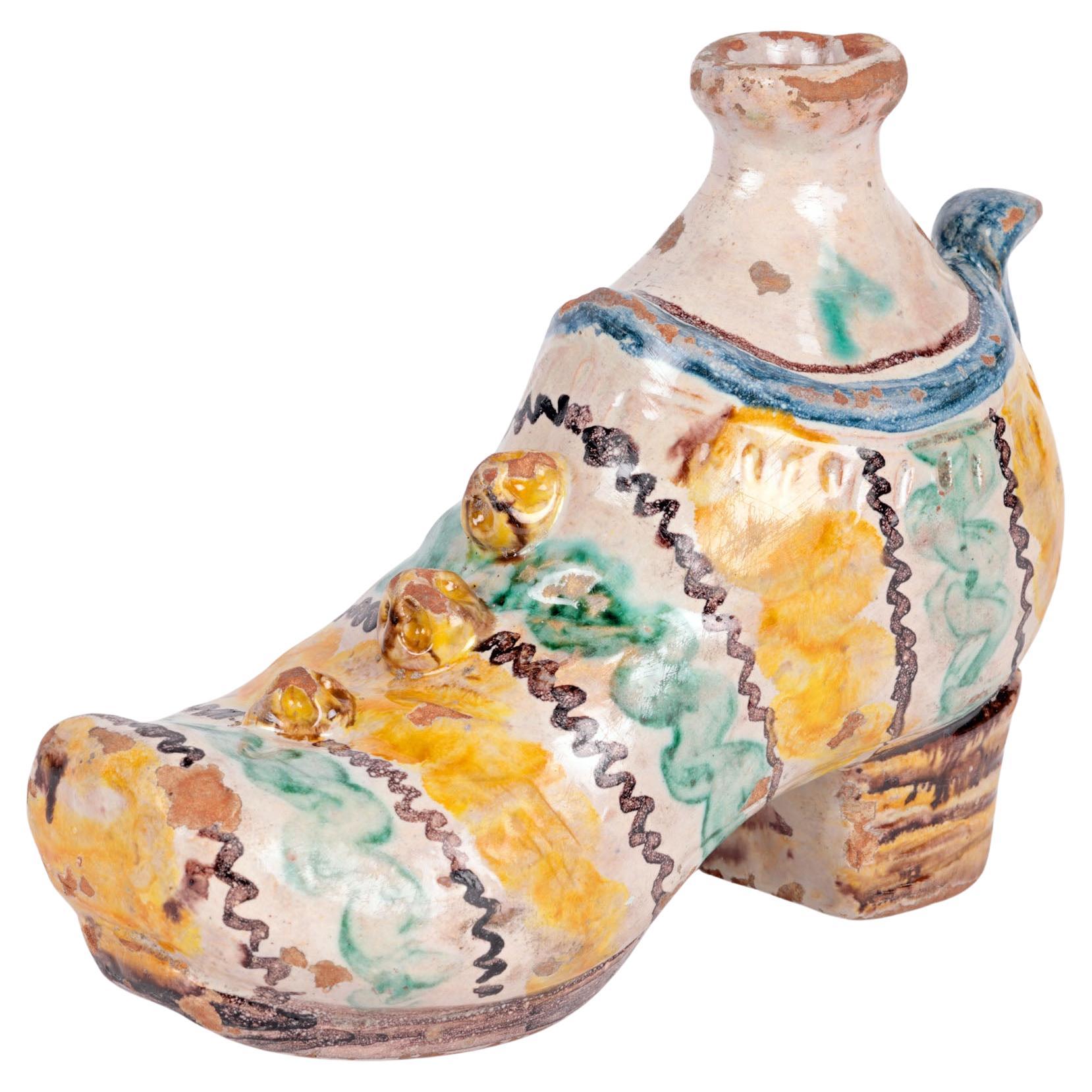 Sicilian South Italian Maiolica Pottery Shoe Shaped Flask For Sale