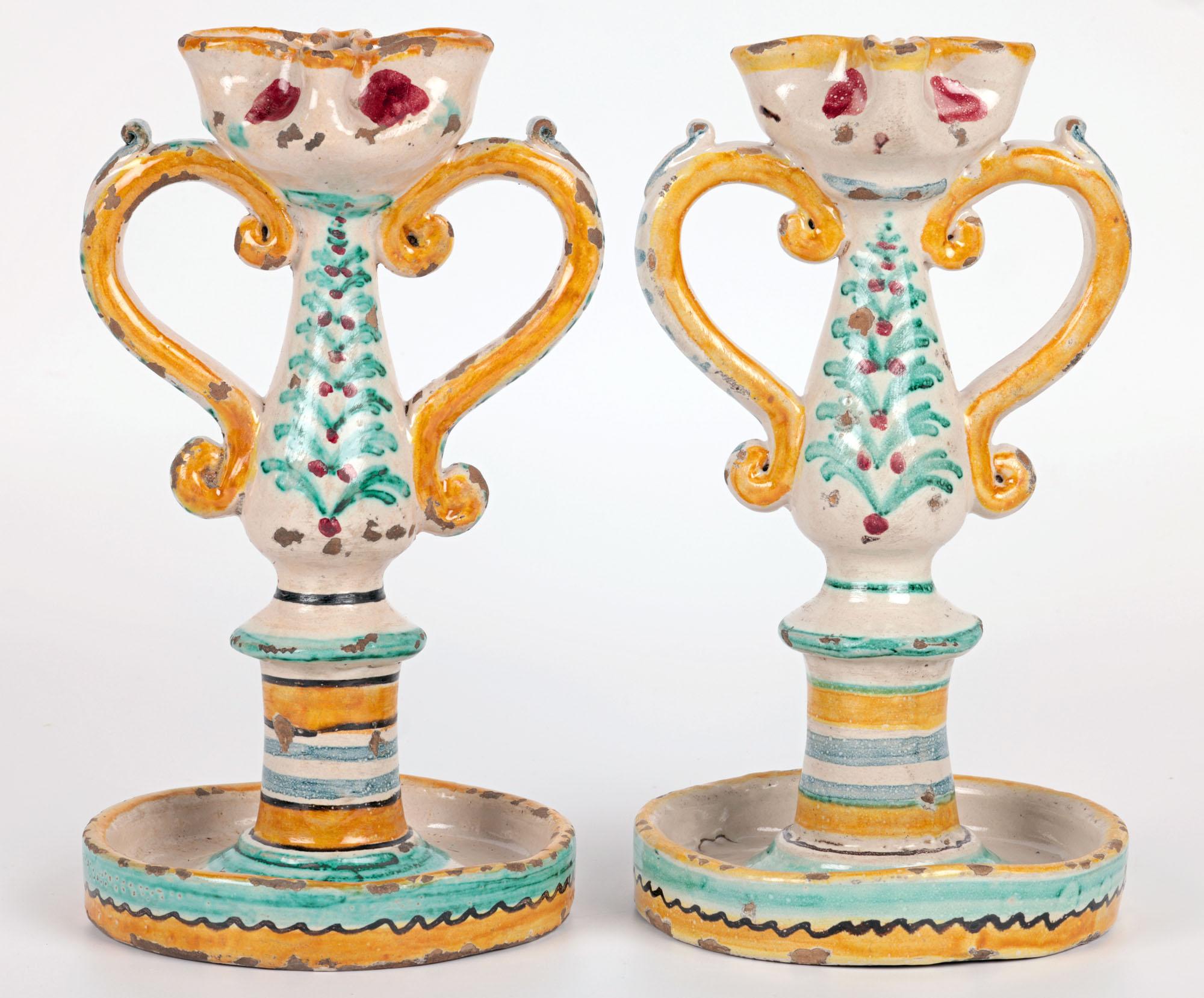 Sicilian South Italian Pair Maiolica Pottery Twin Handled Candlesticks For Sale 4