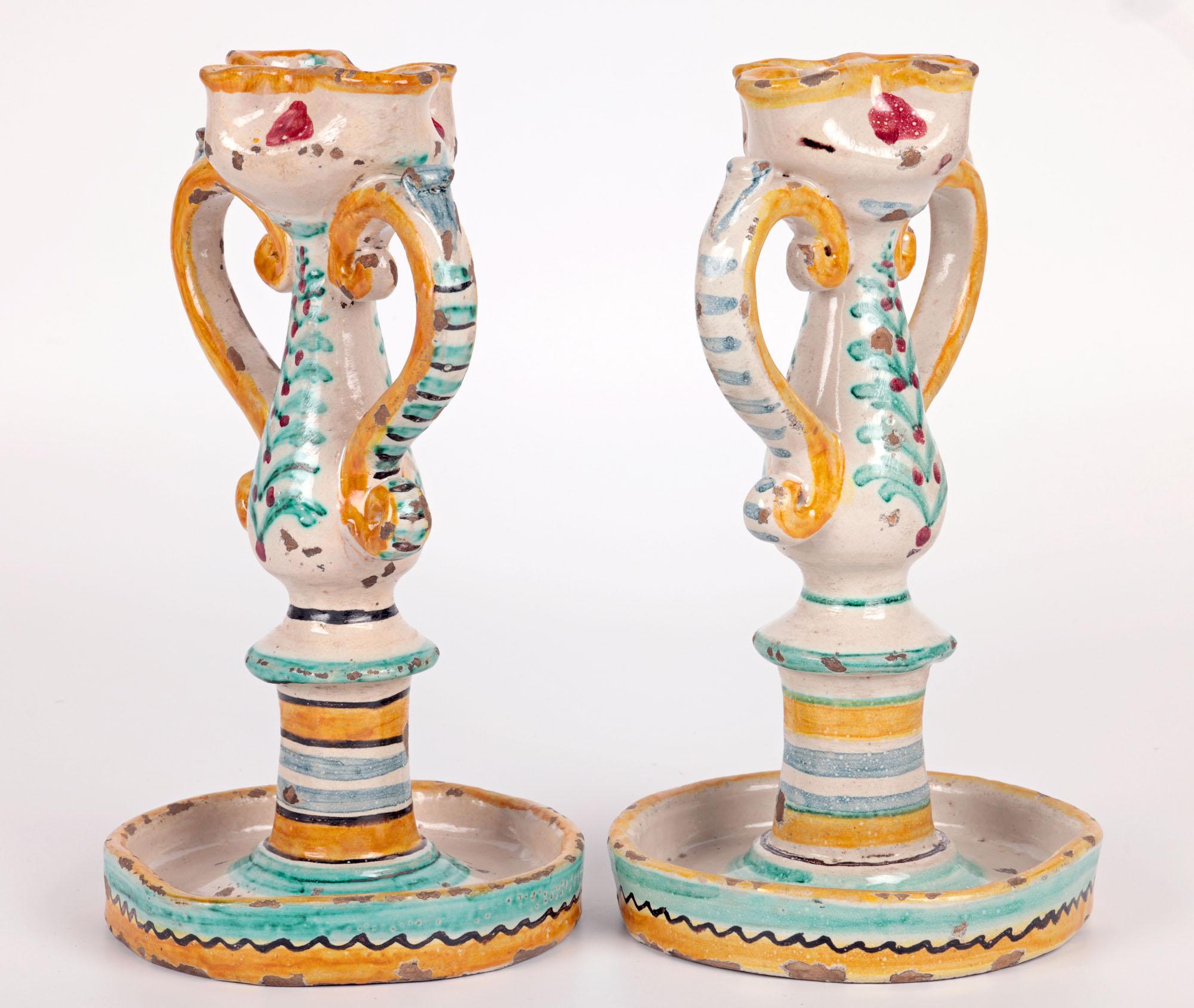 Sicilian South Italian Pair Maiolica Pottery Twin Handled Candlesticks For Sale 6
