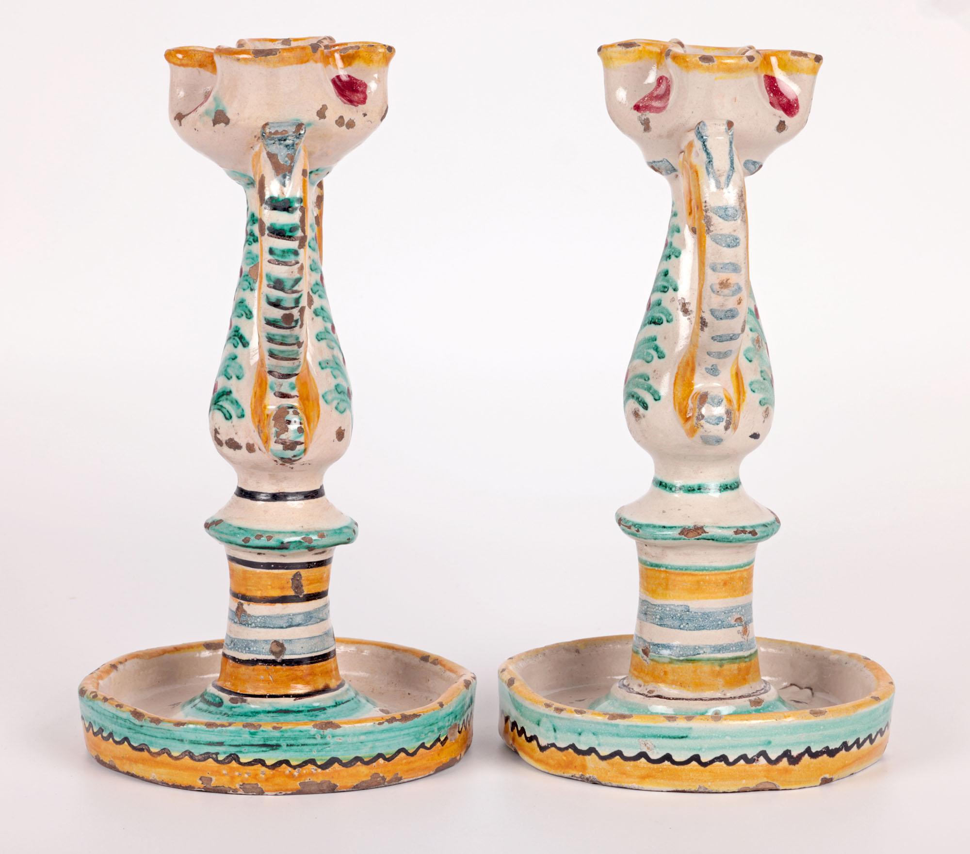 Sicilian South Italian Pair Maiolica Pottery Twin Handled Candlesticks For Sale 8