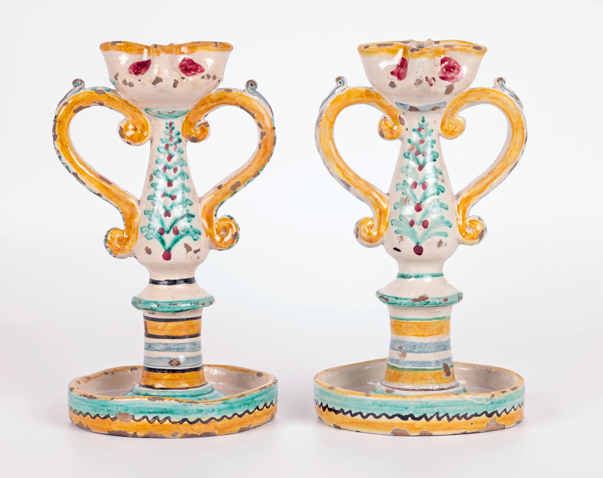 Sicilian South Italian Pair Maiolica Pottery Twin Handled Candlesticks For Sale 9