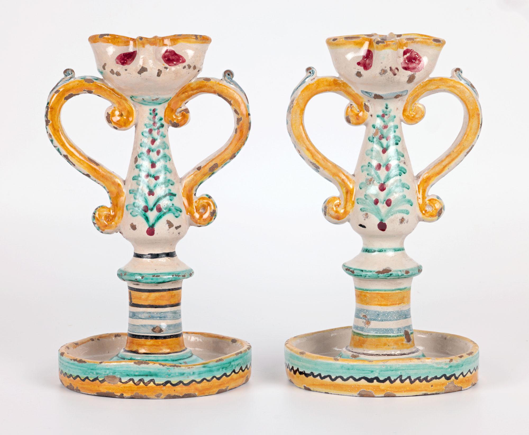 Sicilian South Italian Pair Maiolica Pottery Twin Handled Candlesticks For Sale 12