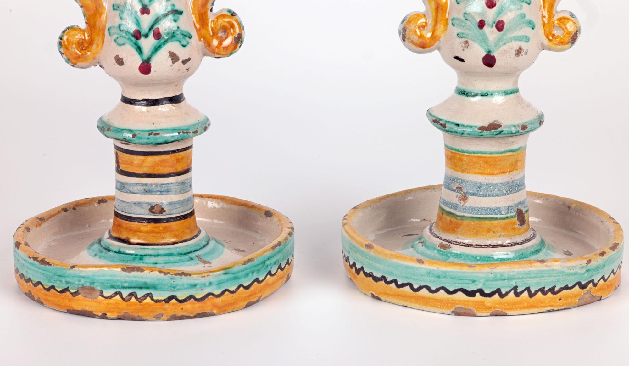 Sicilian South Italian Pair Maiolica Pottery Twin Handled Candlesticks In Good Condition For Sale In Bishop's Stortford, Hertfordshire
