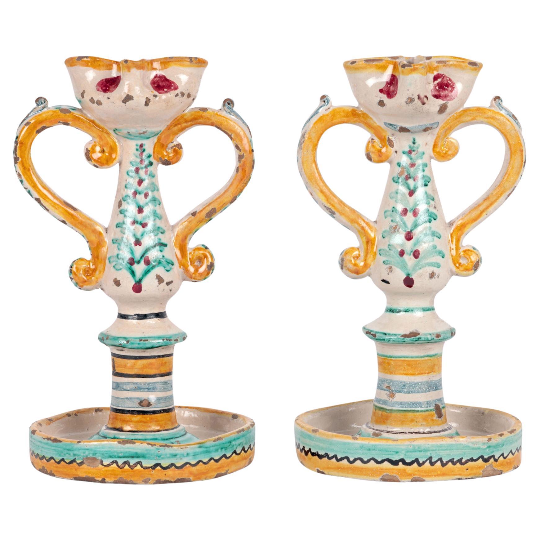 Sicilian South Italian Pair Maiolica Pottery Twin Handled Candlesticks For Sale