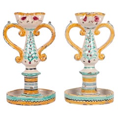 Sicilian South Italian Pair Maiolica Pottery Twin Handled Candlesticks