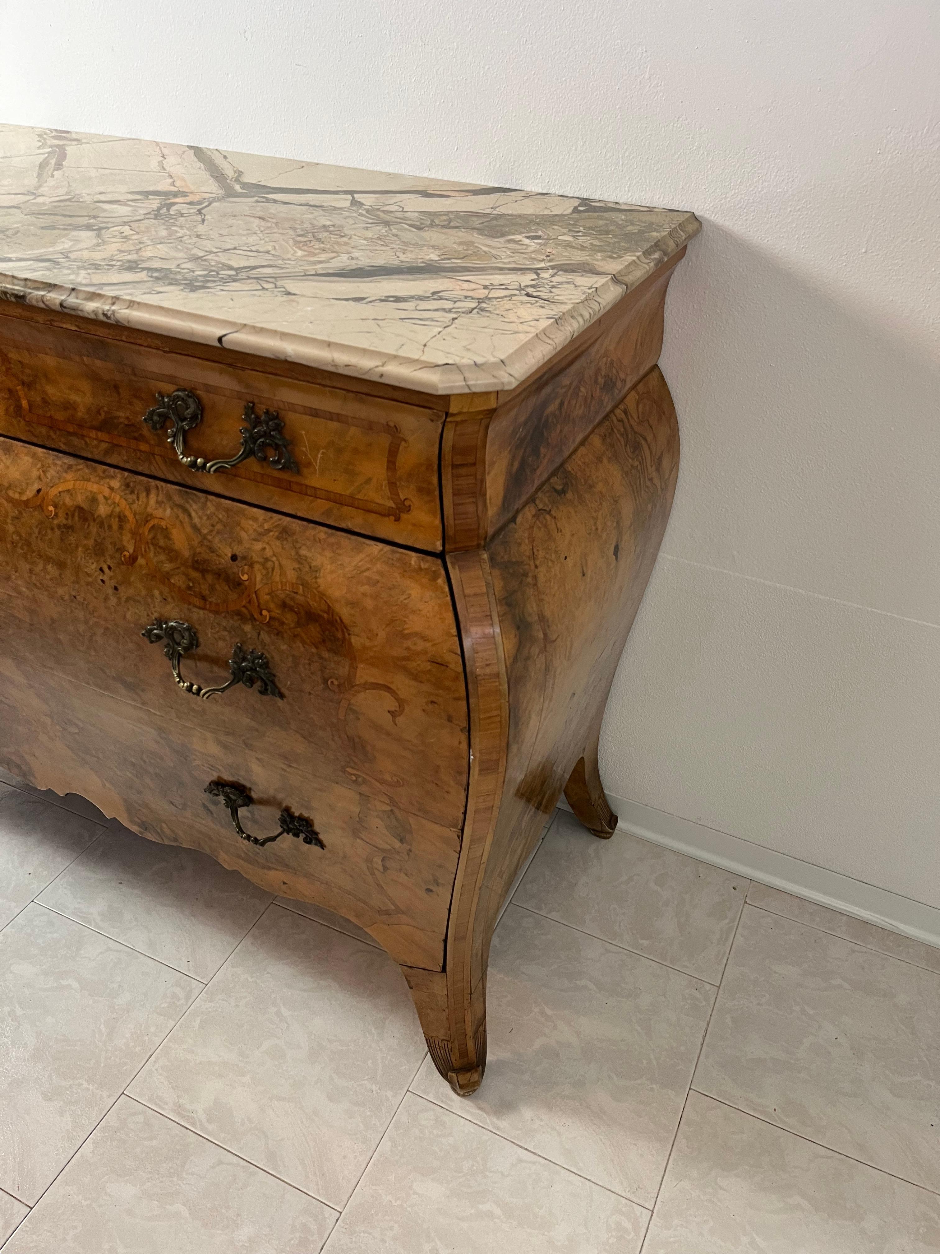 Italian Sicilian Wooden Chest Of Drawers, Marble Top, 1930s For Sale