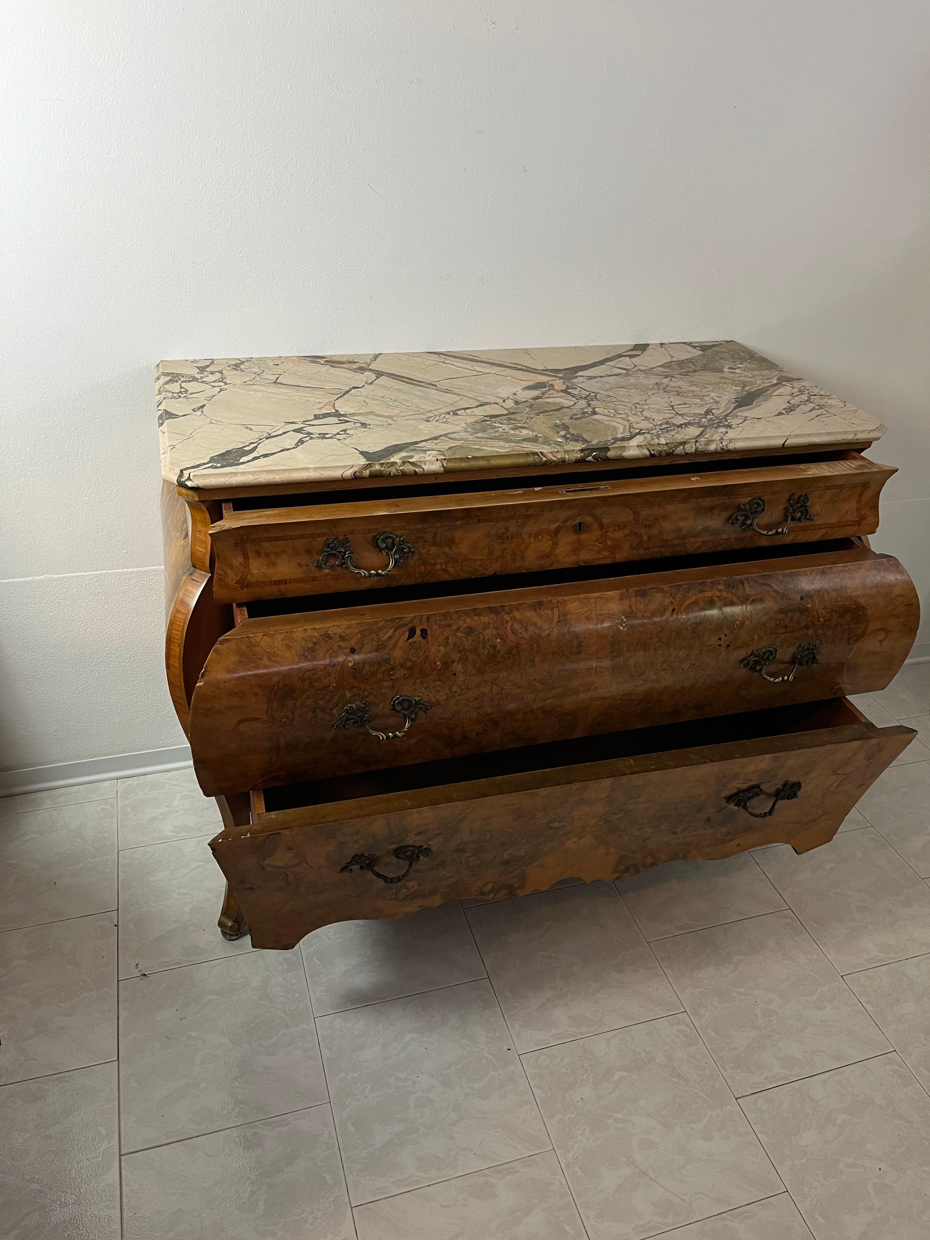 Mid-20th Century Sicilian Wooden Chest Of Drawers, Marble Top, 1930s For Sale