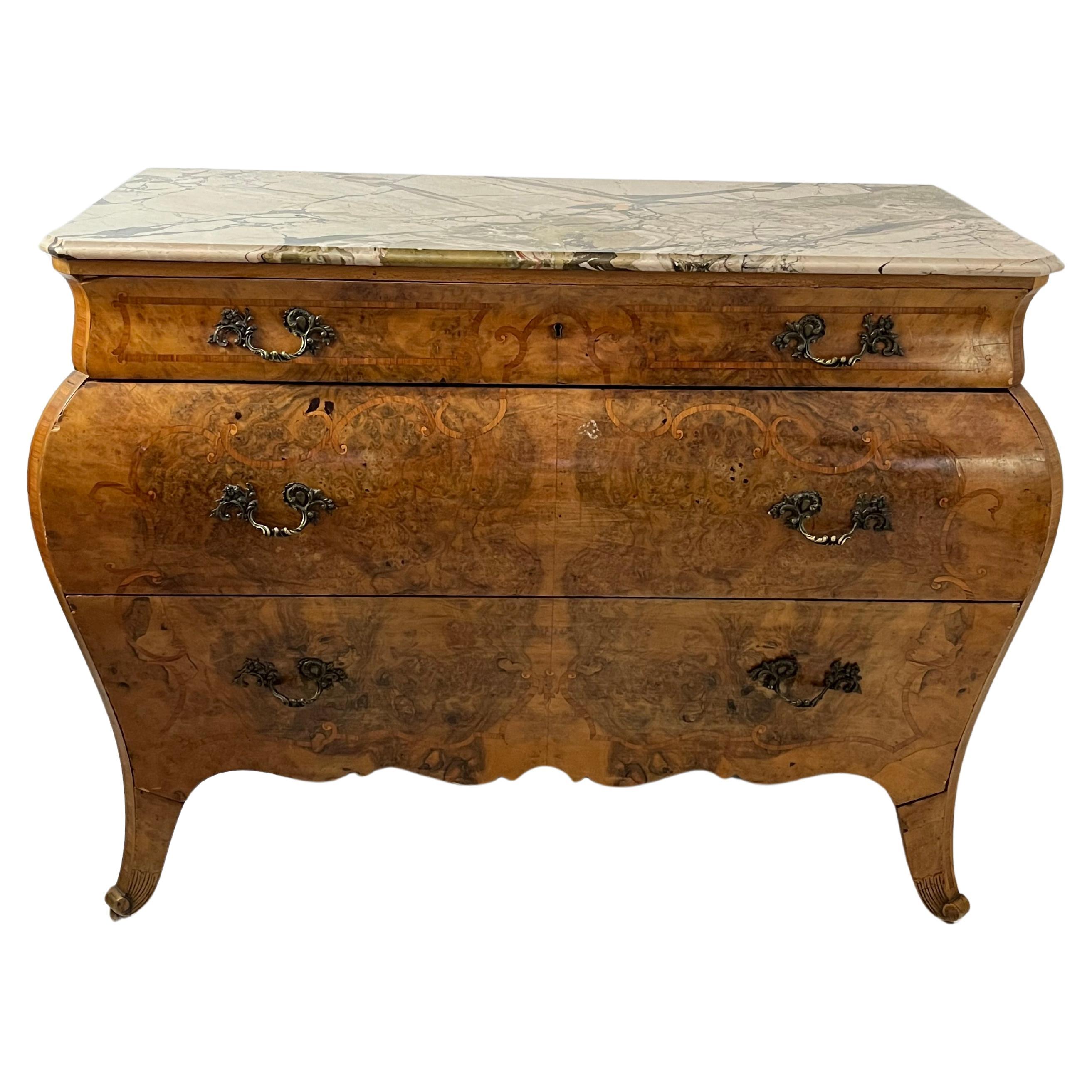 Sicilian Wooden Chest Of Drawers, Marble Top, 1930s For Sale