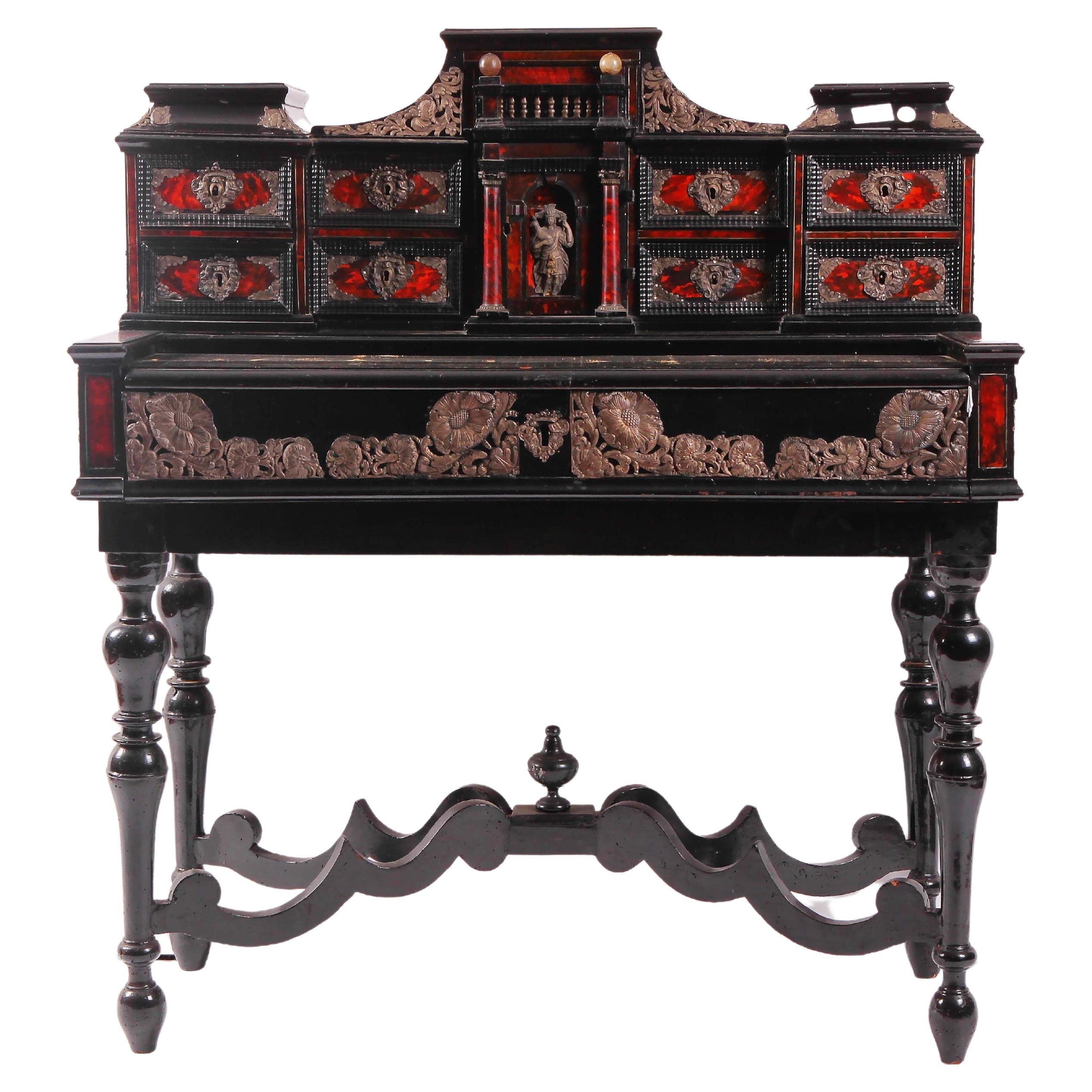 Sicilian Writing Desk in Ebony Embellished with Tortoiseshell Inserts and Silver For Sale