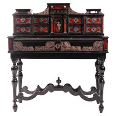 Antique Sicilian Writing Desk in Ebony Embellished with Tortoiseshell Inserts and Silver