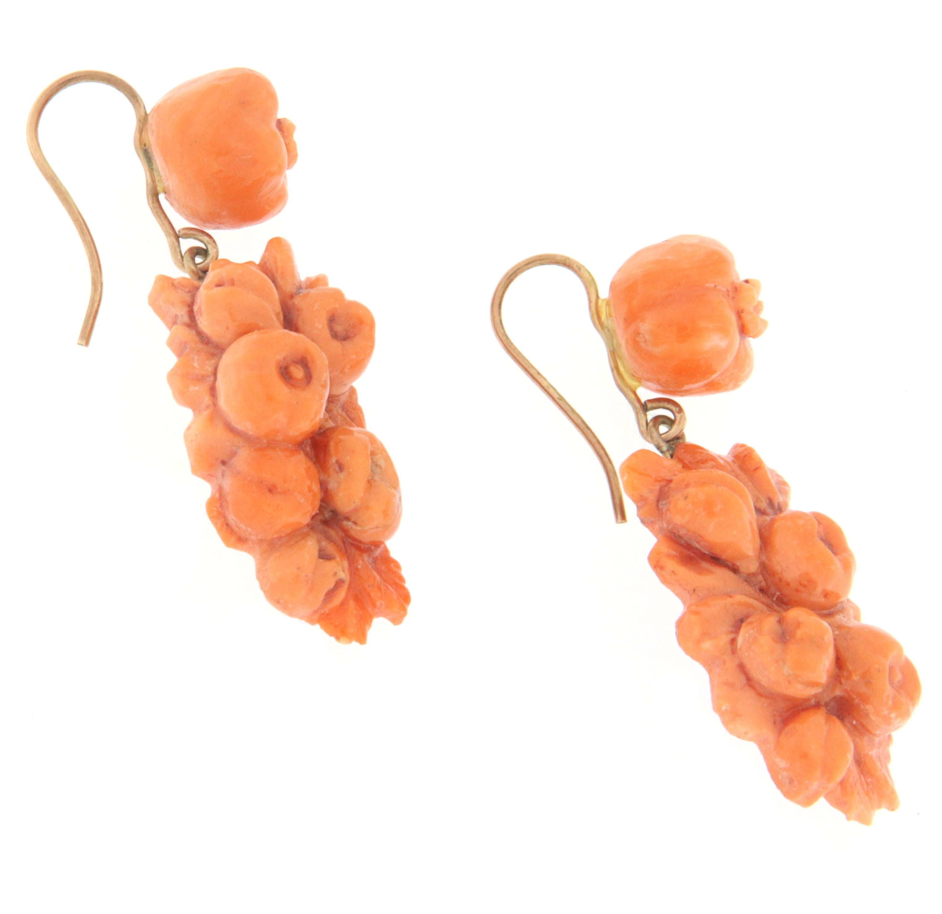 Artisan Sicily Coral 9 Karat Yellow Gold Drop Earrings For Sale