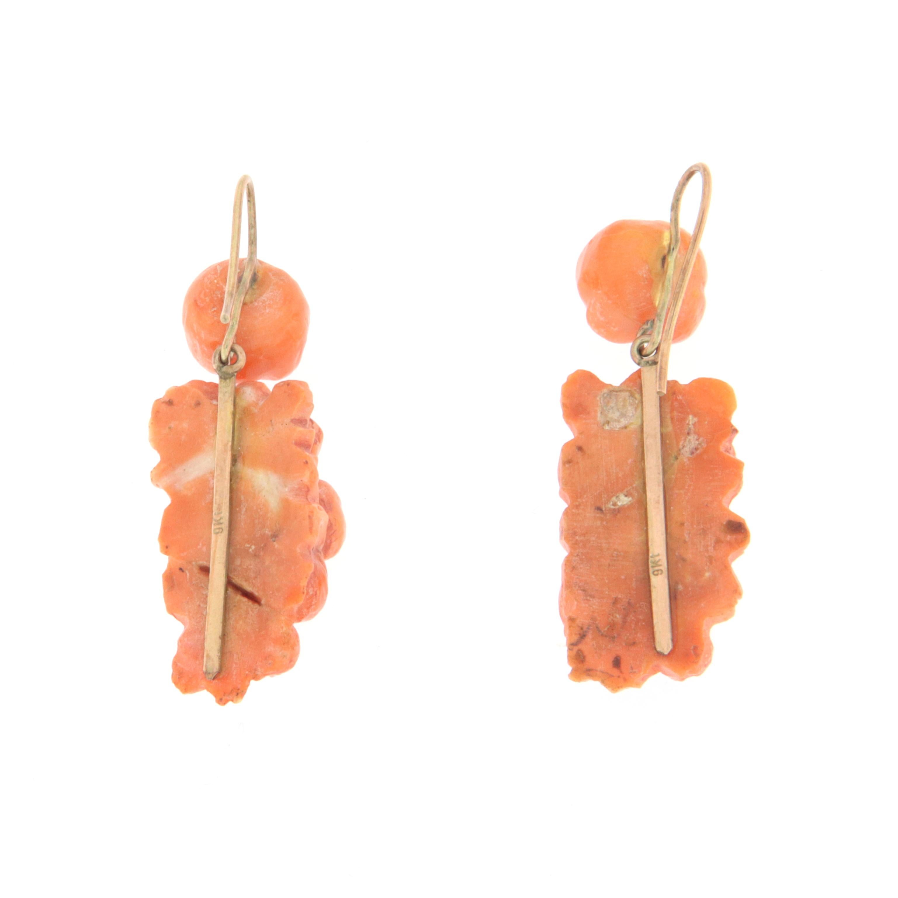 Uncut Sicily Coral 9 Karat Yellow Gold Drop Earrings For Sale