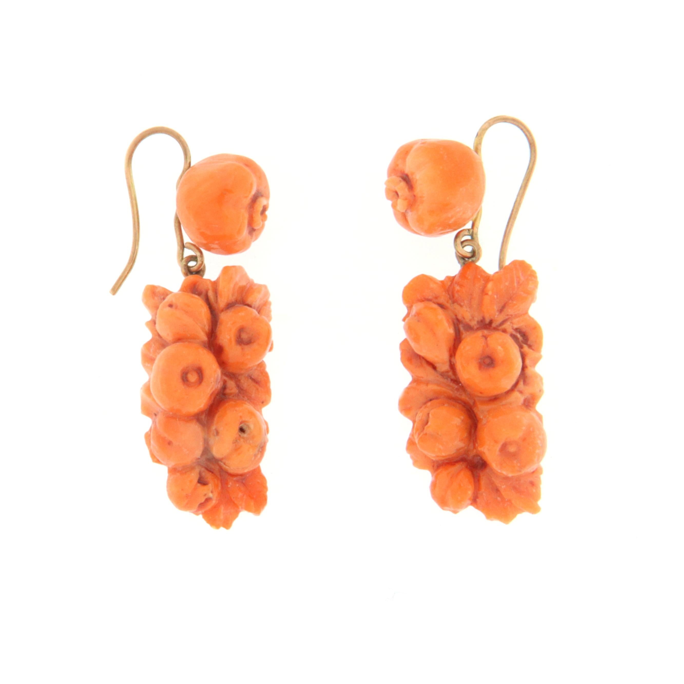 Sicily Coral 9 Karat Yellow Gold Drop Earrings In New Condition For Sale In Marcianise, IT