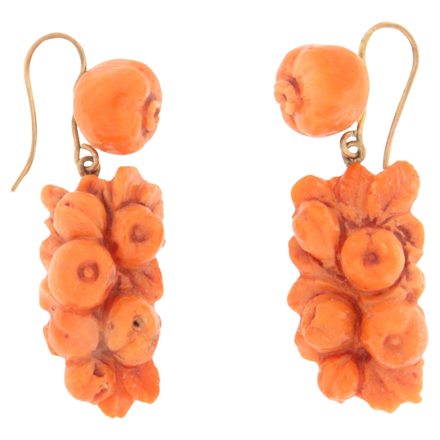 Sicily Coral 9 Karat Yellow Gold Drop Earrings For Sale