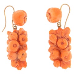 Vintage Sicily Coral 9 Karat Yellow Gold Drop Earrings