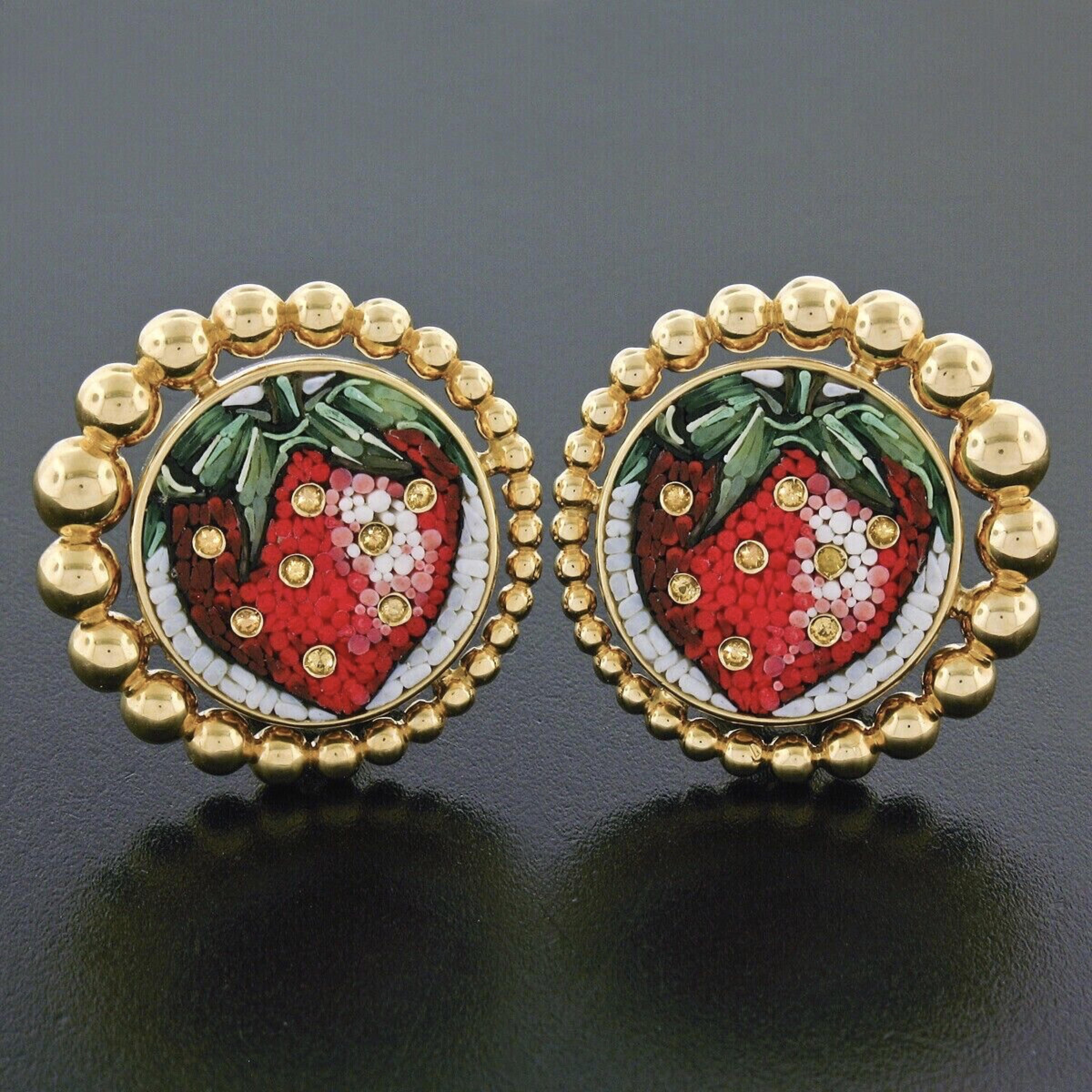 Round Cut Sicis 18K Yellow Gold Micromosaic Strawberry w/ Yellow Sapphire Button Earrings For Sale