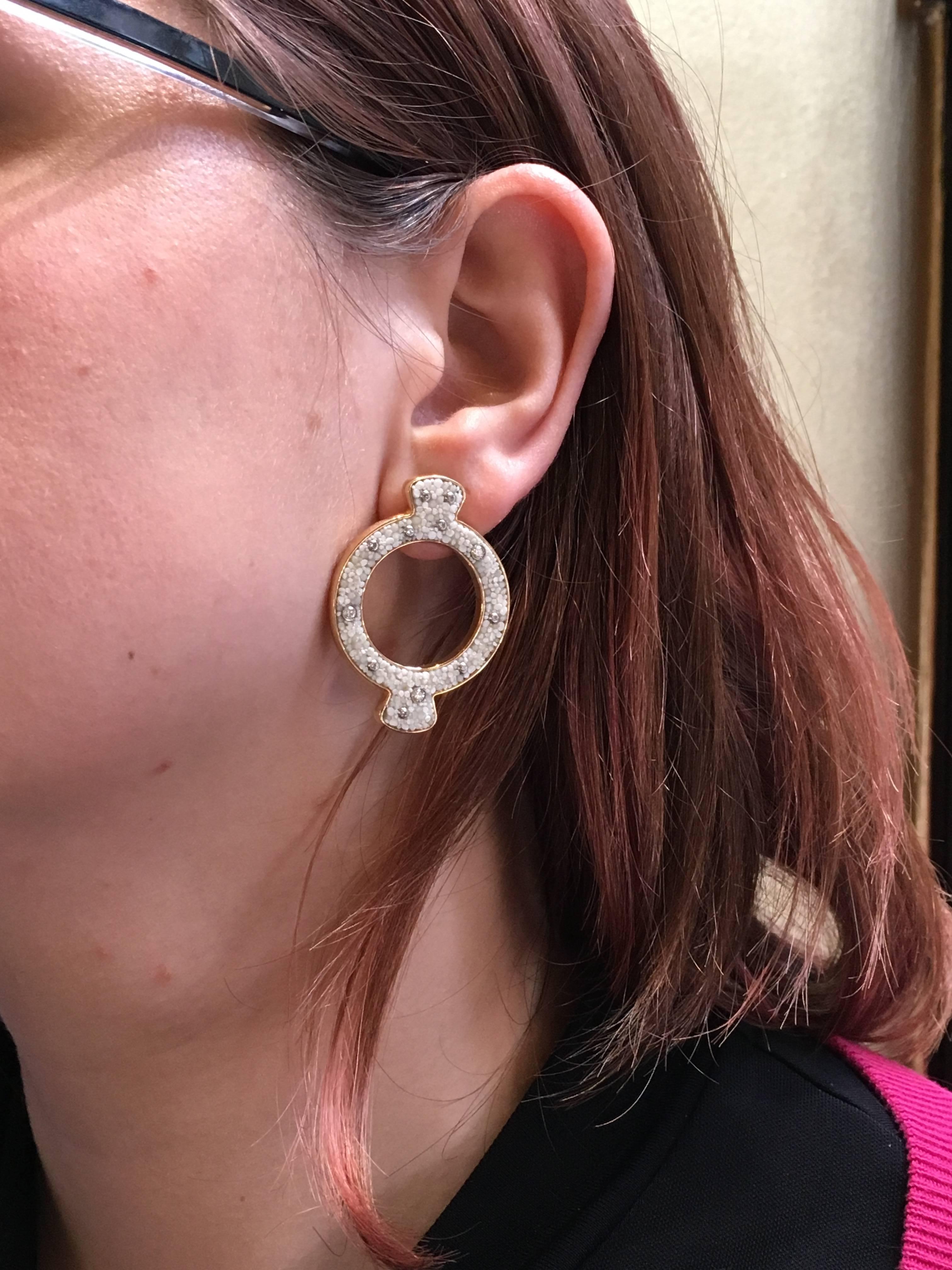 Contemporary Stylish Earring Rose Gold & Silver White Diamon Hand Decorated with Micromosaic  For Sale