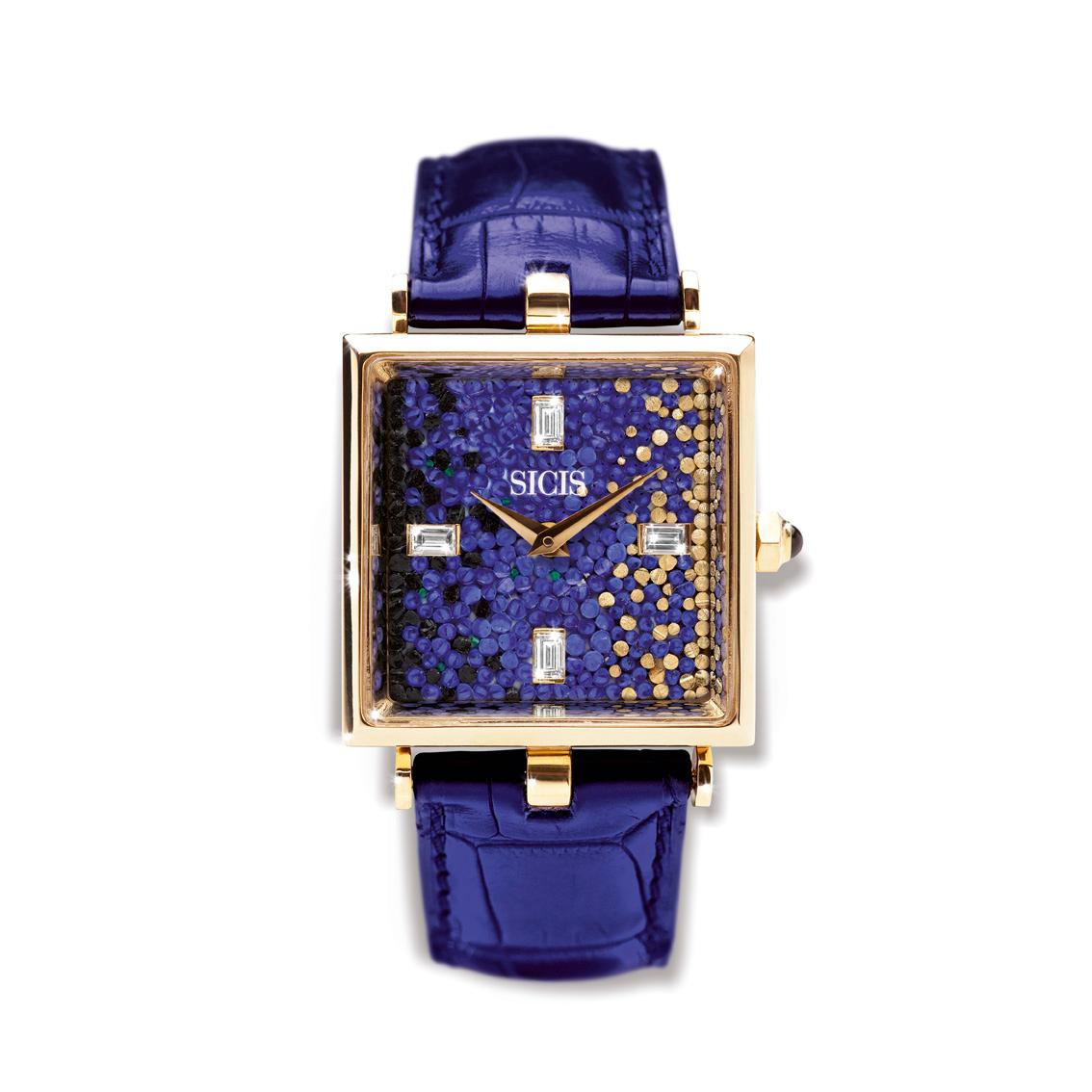 Die stilvolle Uhr in Gold mit weißen Diamanten und Krokodilriemen entworfen von Roger Thomas (Baguetteschliff) im Angebot