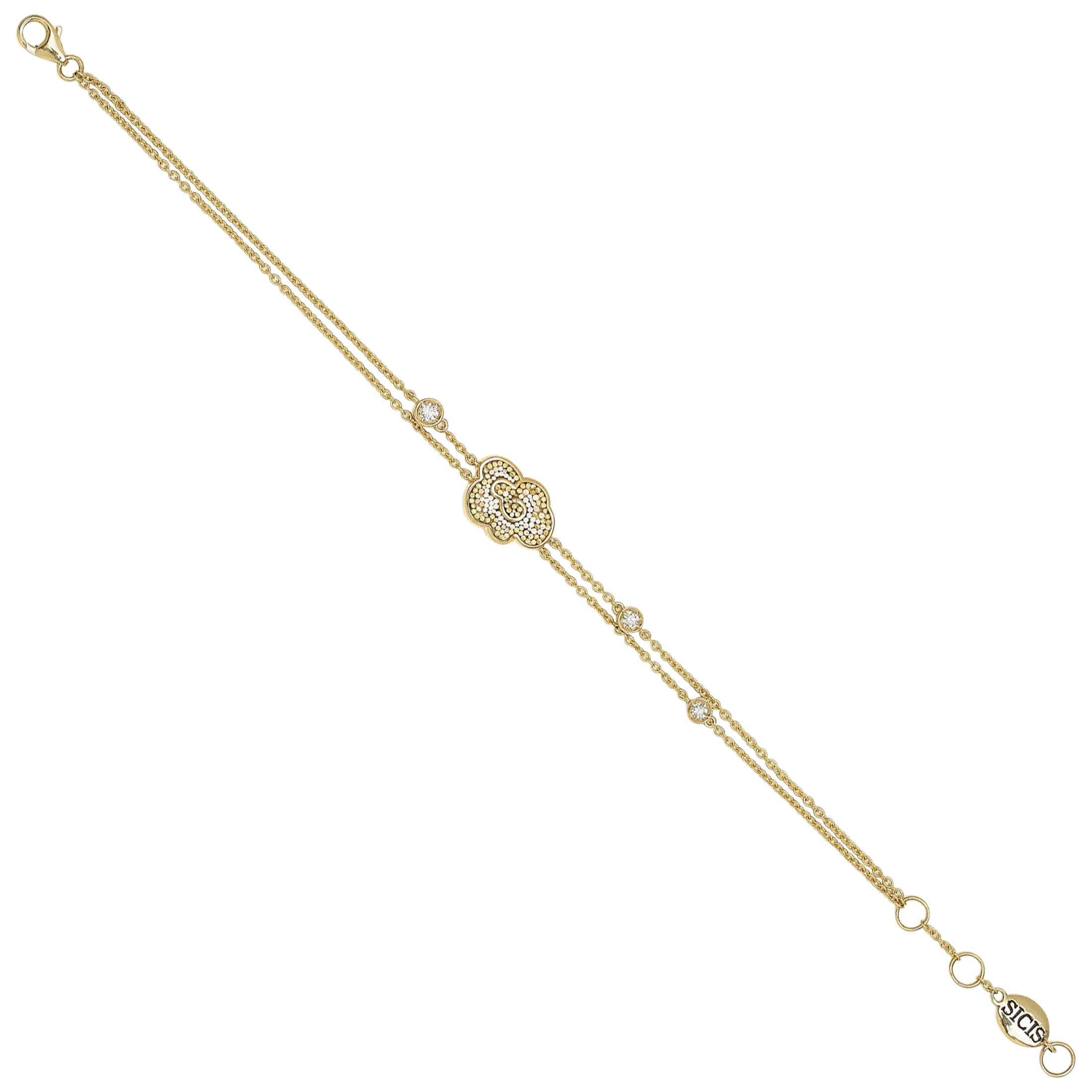 Stylish Chain Bracelet Yellow Gold White Diamonds HandDecorated with MicroMosaic