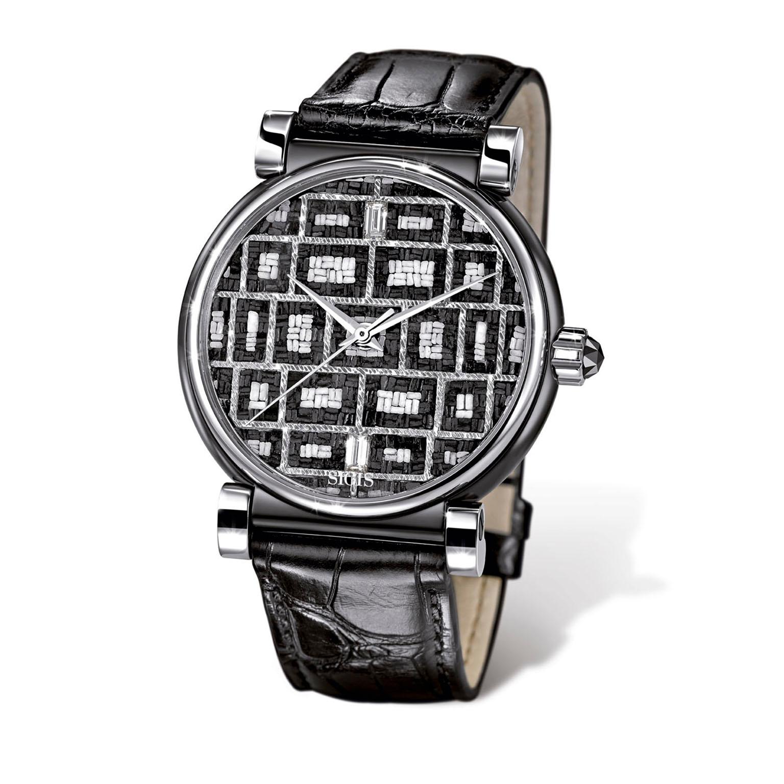 Contemporary Wristwatch Stainless Steel Case Automatic Movement Black & White Diamonds For Sale