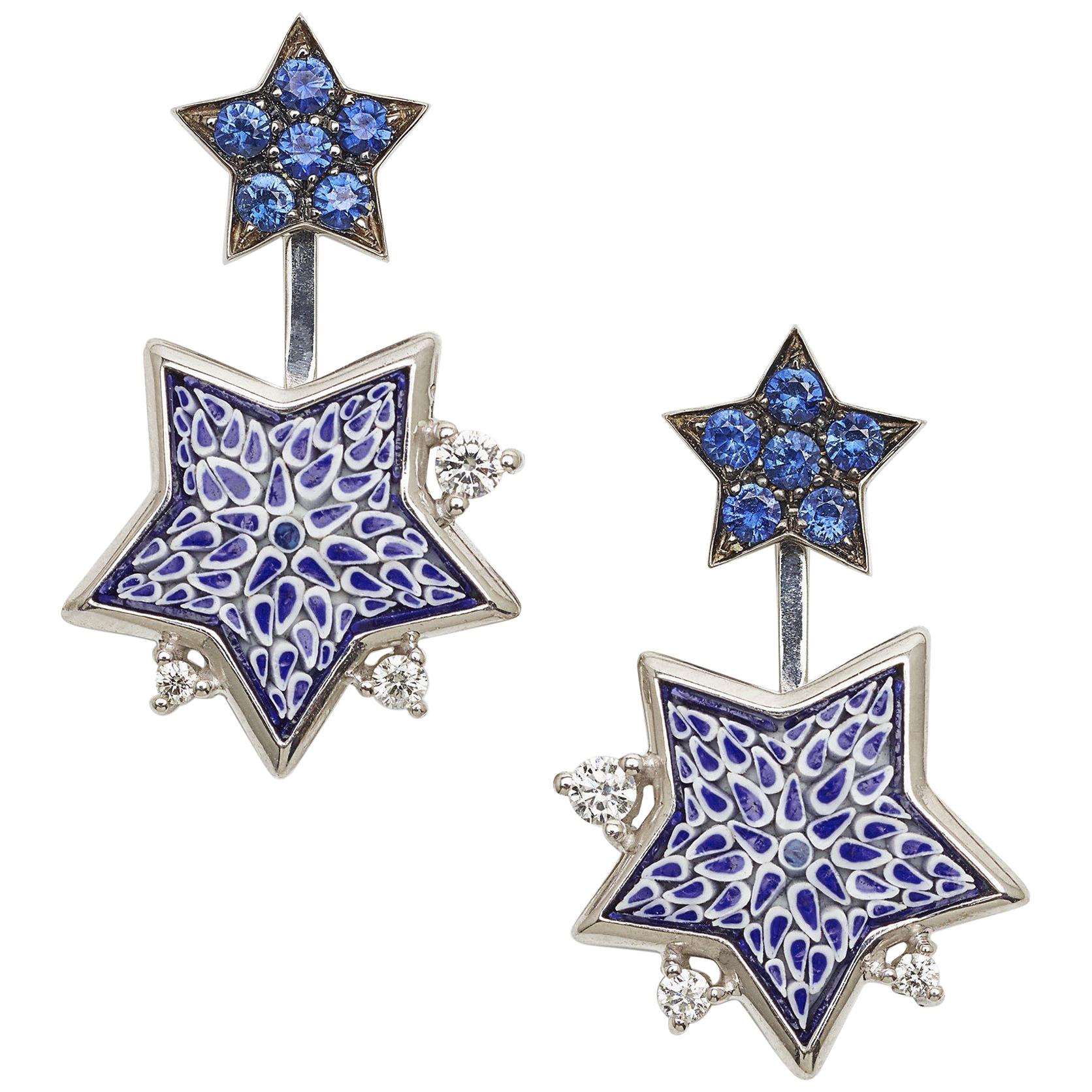 Earrings White Gold White Diamonds Blue Sapphires HandDecorated with Micromosaic